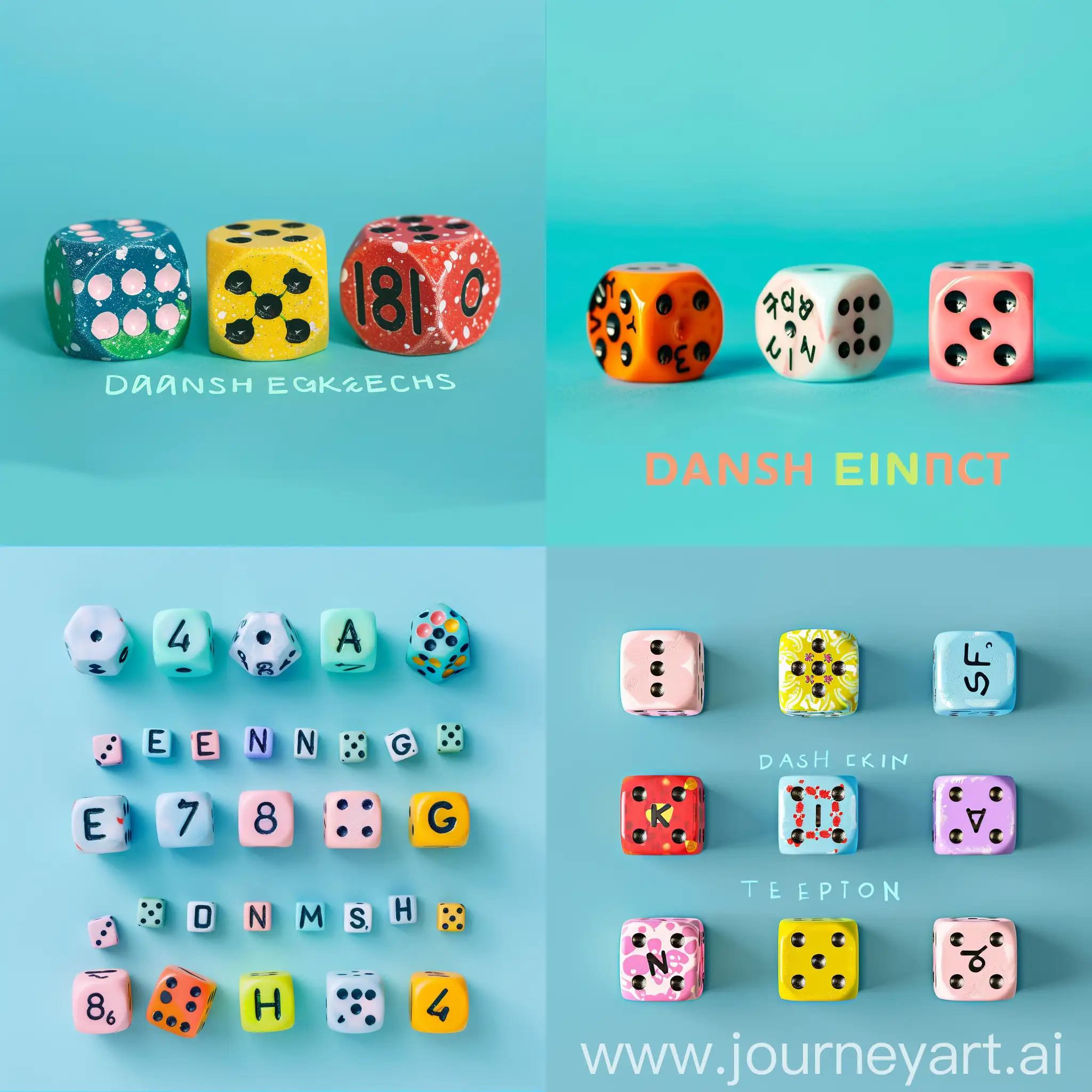 a text "Danesh English festival"that each letter written on seperate colorfull dice in three lines with light blue background perspective view