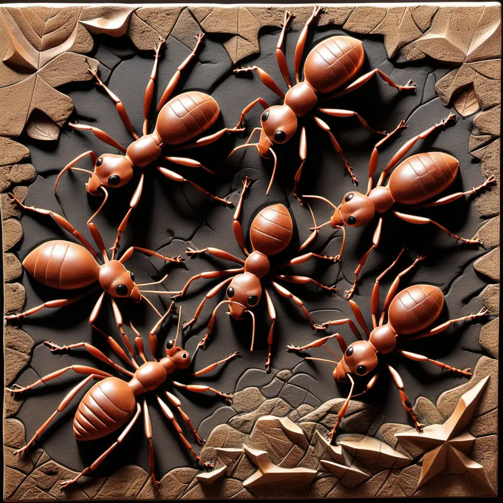 Detailed Bas Relief of Marching Ants Carved in Stone