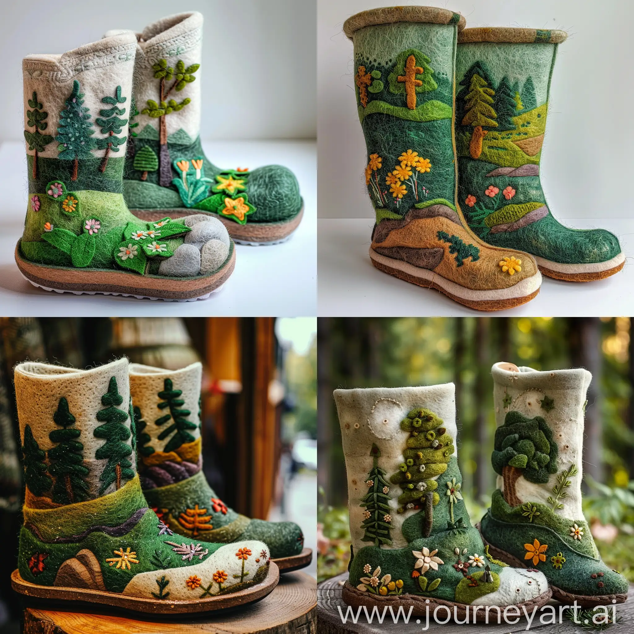Two boots are visible in the image. The boots look like valenki — traditional Russian winter shoes made of warm felt fabric. The decor shows that the boots are decorated: they depict green landscapes with trees and flowers
