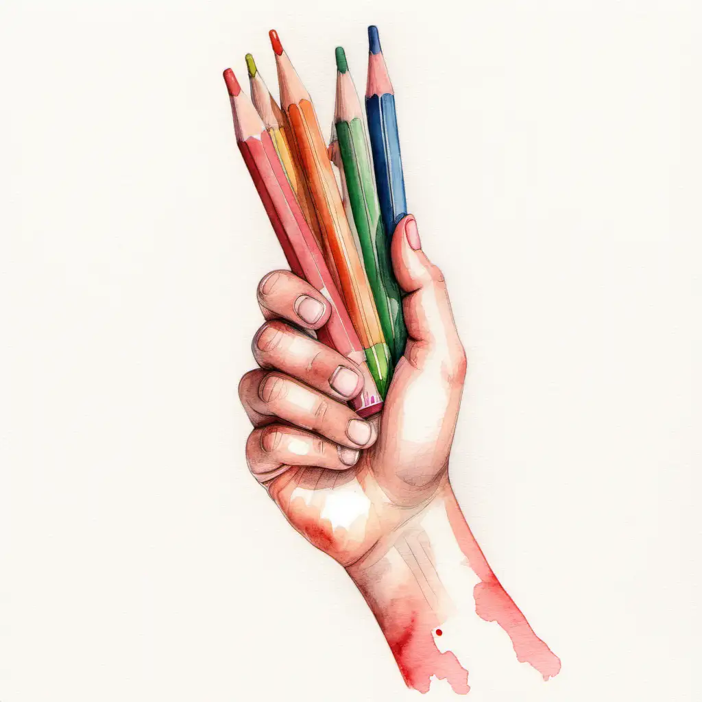 Vibrant Watercolor Painting Childs Hand Grasping Colorful Pencils