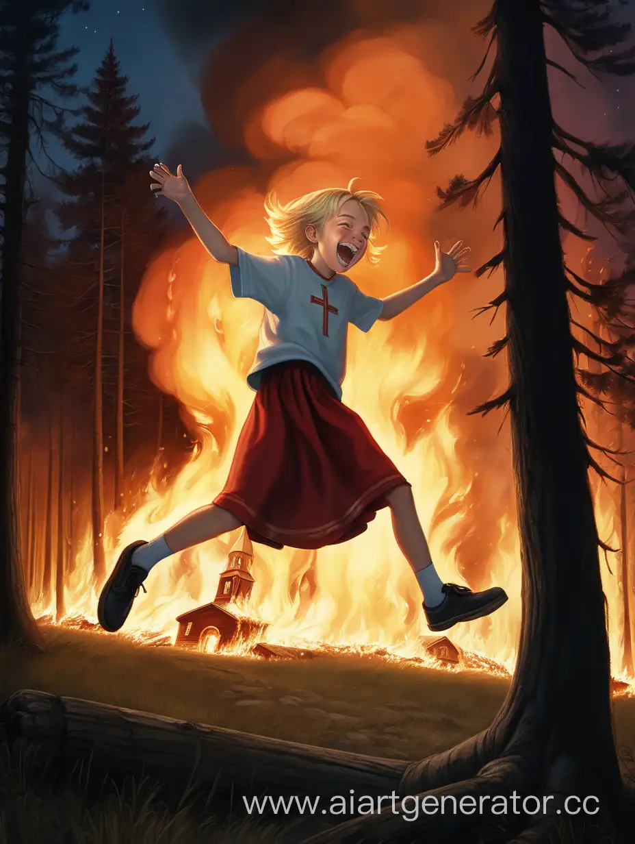 Forest-Church-Fire-Energetic-Boy-Laughs-Amidst-Flames