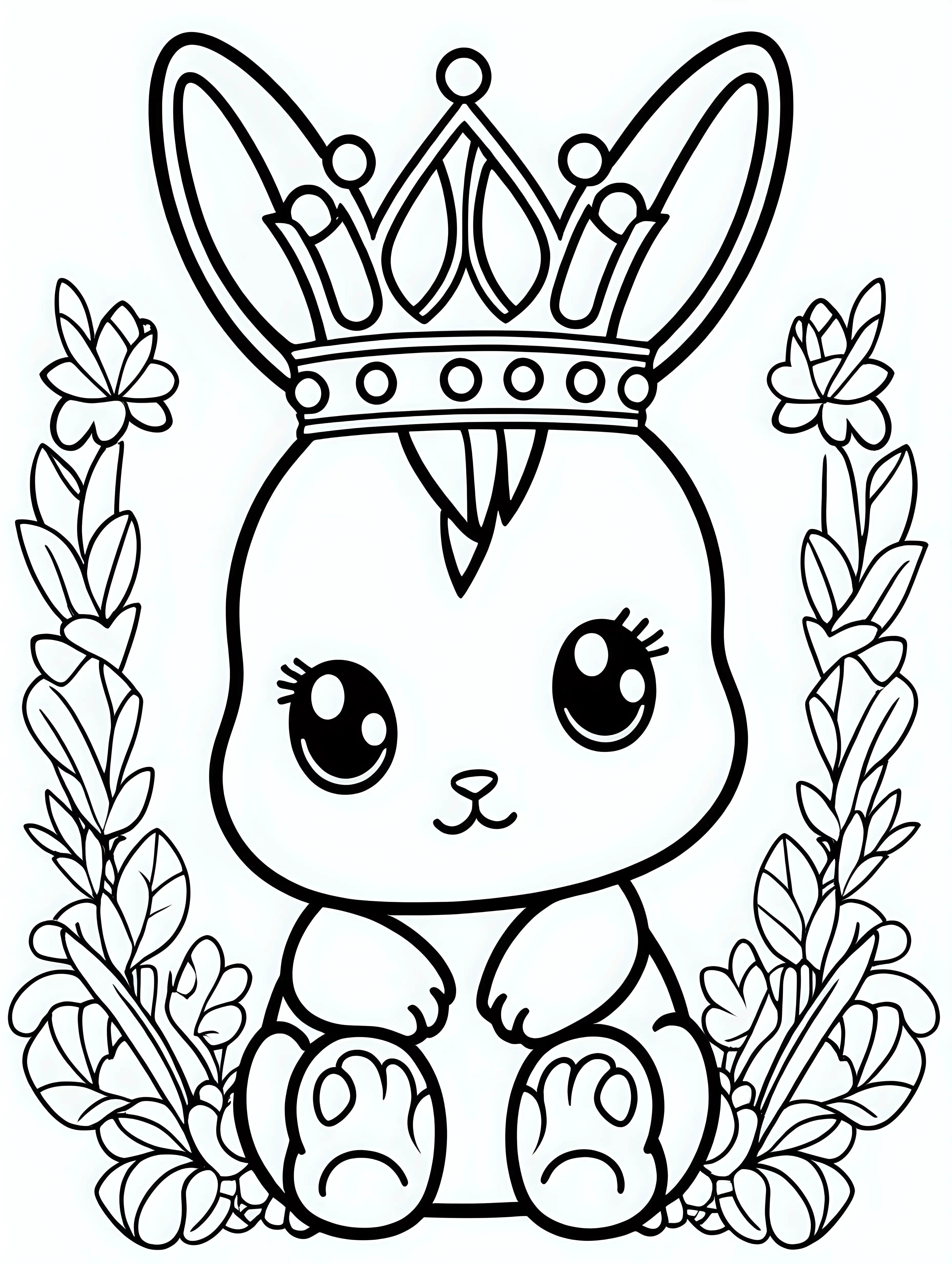 coloring page for kids cute kawaii bunny with a crown on the head, black lines, white background