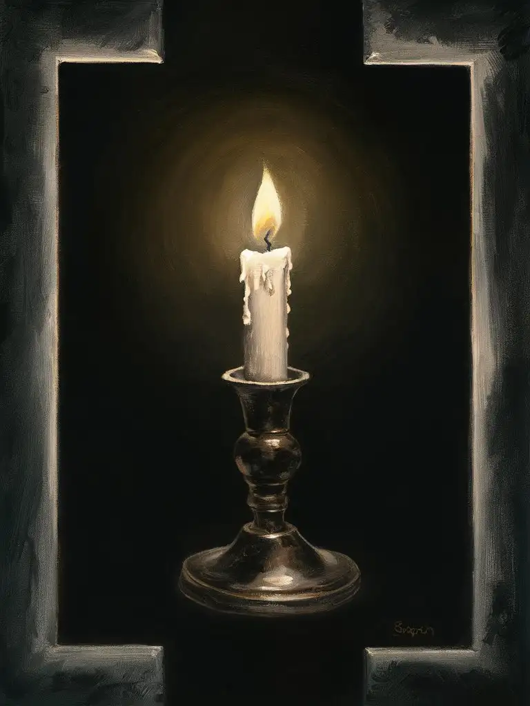 Glowing Candle Illuminating Darkness Atmospheric Painting on Black Canvas