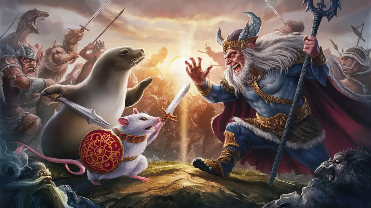 seal and white decorative rat fight evil nordic god in epic-scale battle of armies of Good and Evil
