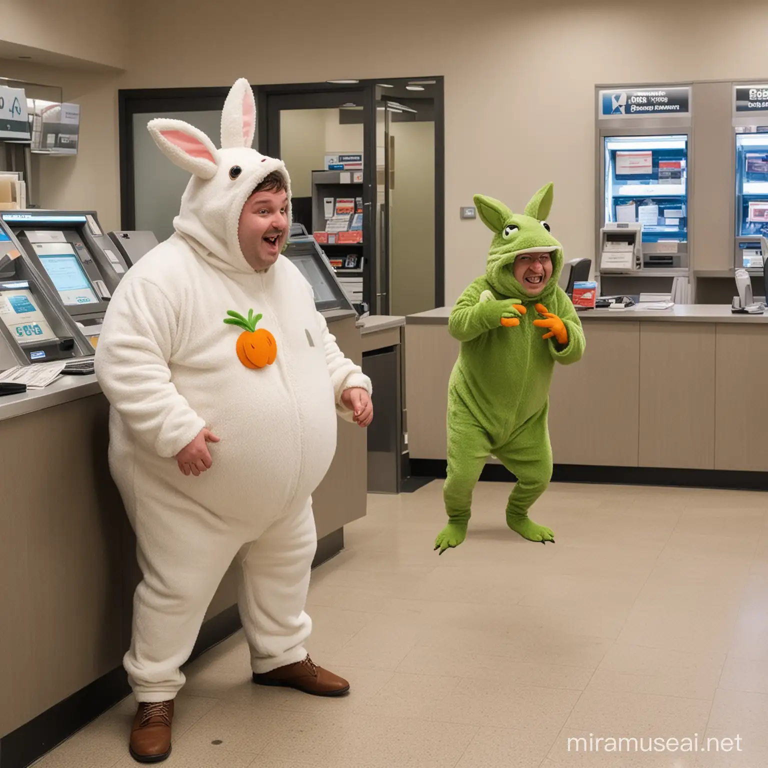 Ein dicker Mann in Hasenkostüm überfällt eine Bank, der Bankangestellte trägt ein Froschkostüm