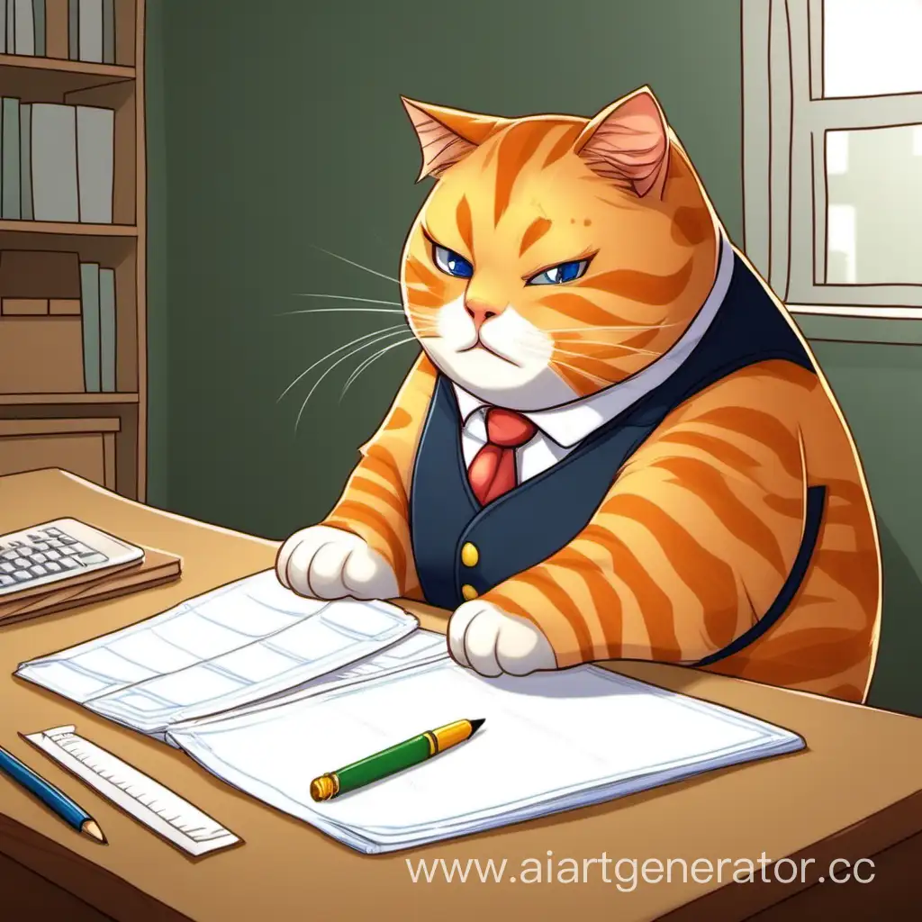 The chubby ginger cat is working on a labor lesson