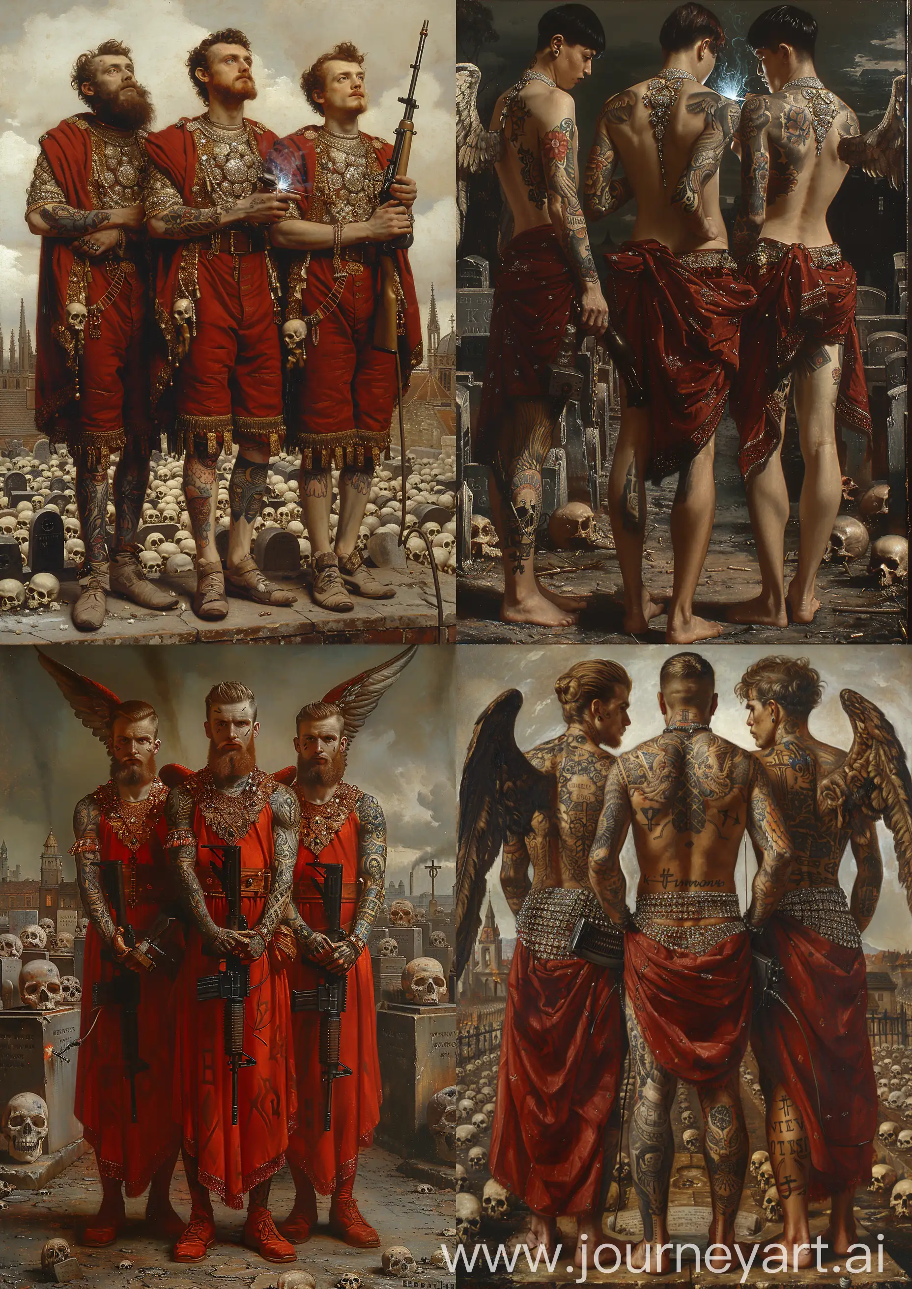 Edward Burne-Jones painting of 3 tattooed male angels warrior wearing red clothes ornate in diamonds, silk and robes, welding a kalashnikov, standing on a cemetery full of skulls, high tones, high detailed, full body —c 22 —s 750 —v 6.0 —ar 5:7
