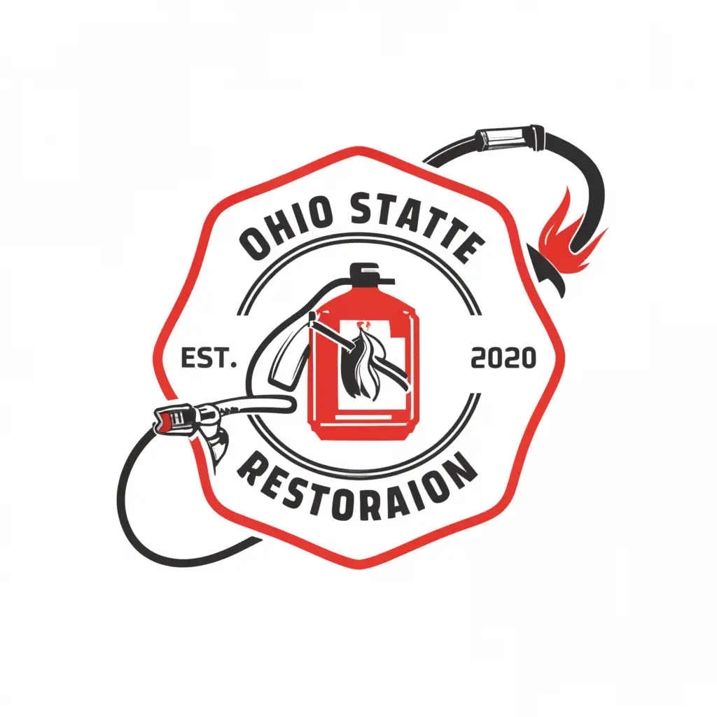 a logo design,with the text "ohio state restoration", main symbol:white Fire extinguisher and fire hose making circle,Minimalistic,clear background