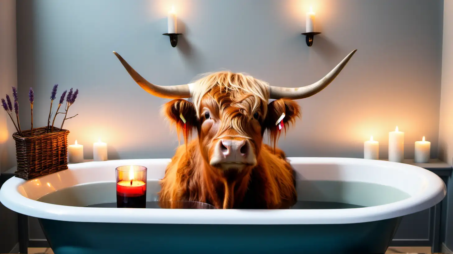 highland cow relaxing in bath with glass of wine and candles