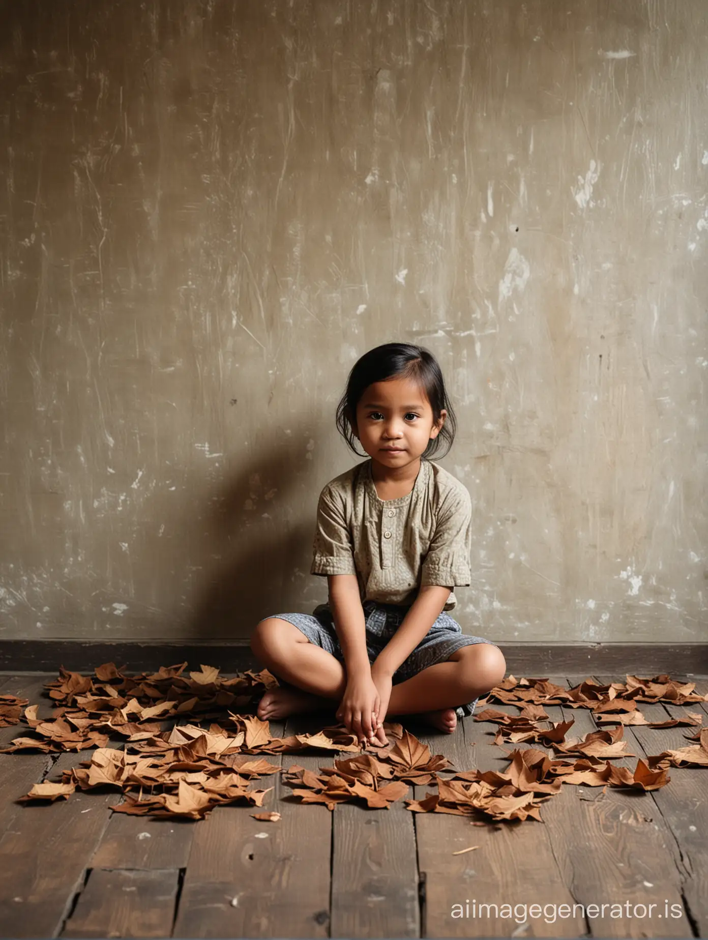 A six year old Indonesian girl sitting cross-legged on the Wood floor and there some old leaves . Wall covered with Wood. Atmosphere classic house