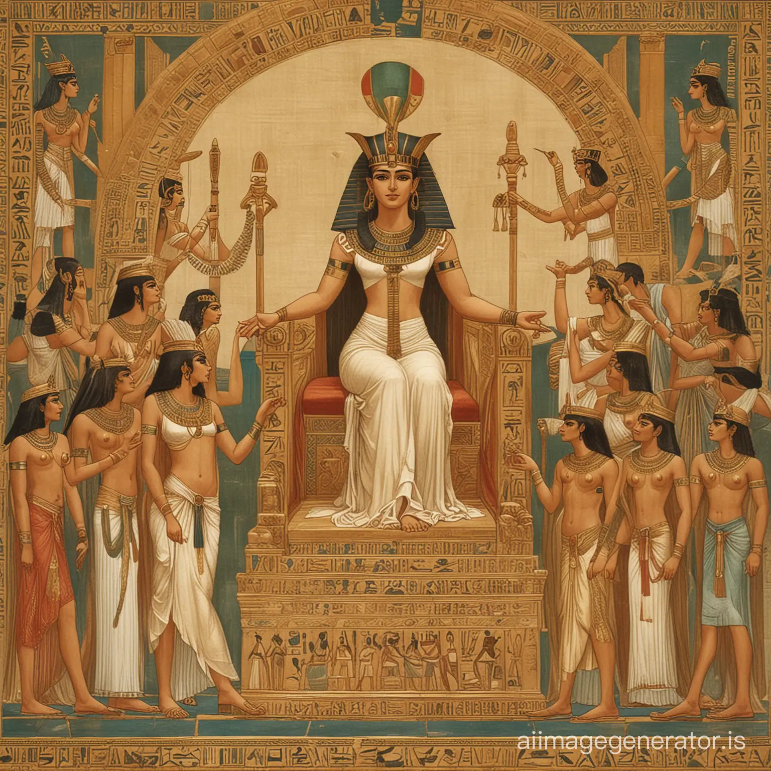 An illustration of Cleopatra seated on her throne, surrounded by advisors, courtiers, and servants. The image could capture the opulence of ancient Egyptian royalty, with rich fabrics, gold adornments, and symbols of power.