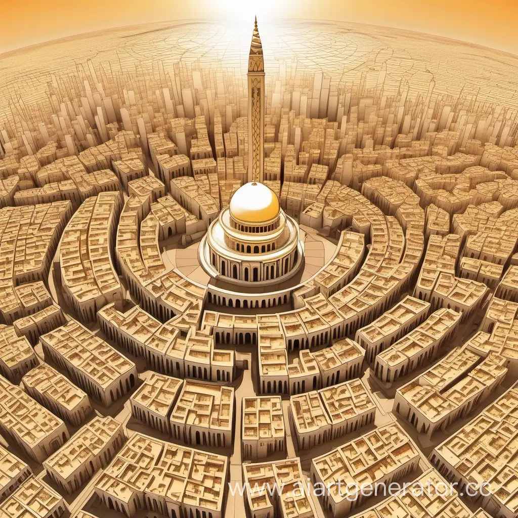 Сделай карту крупного города с большим количеством высоких зданий 
 и узких улочек в арабском стиле с храмом в центре города, на вершине которого находится огромный солнечный диск 
