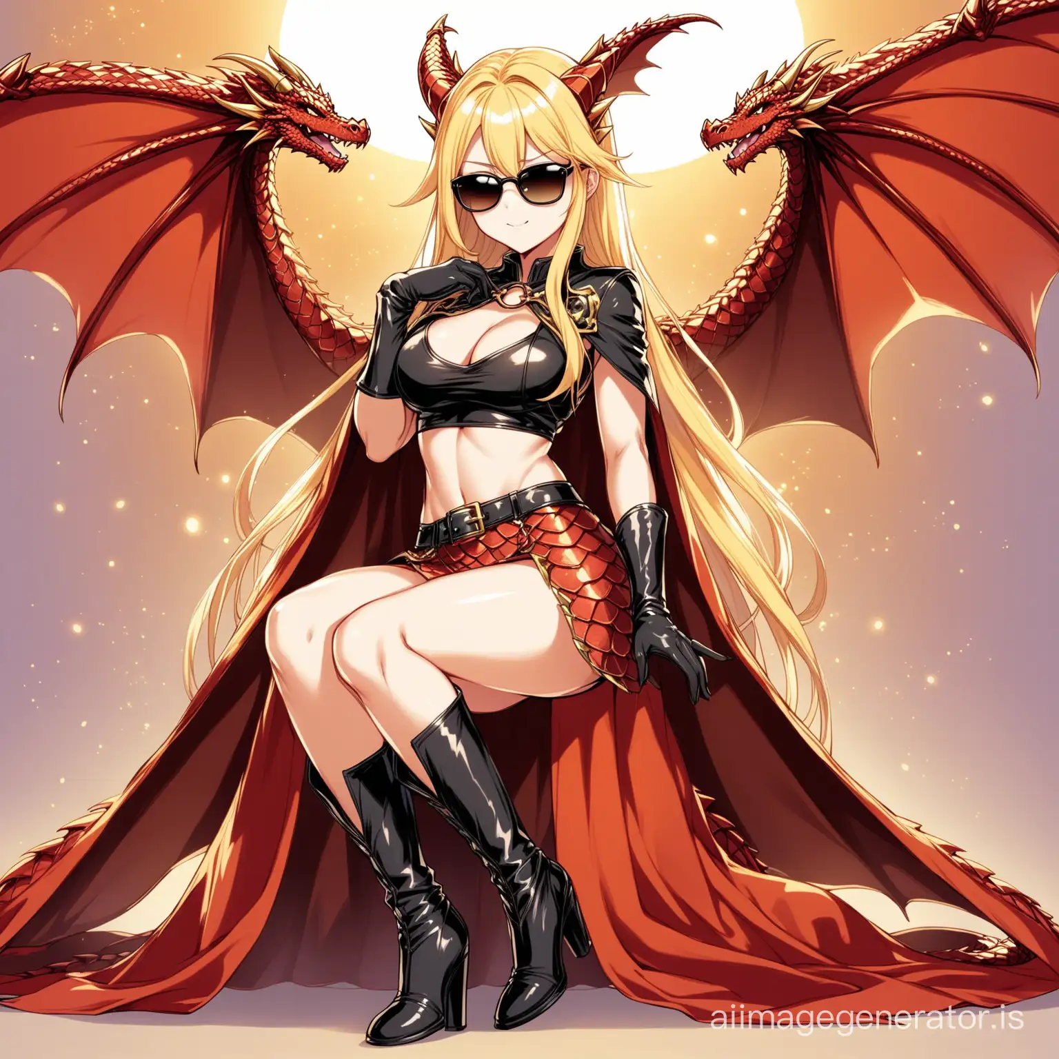 hot anime girl with long blonde hair in a godly and sexy dragon croptop, dragon skirt wearing a pair of gloves, a pair of tall leather heeled boots, a cape reaching her legs and a pair of shades
she gives a really cute pose