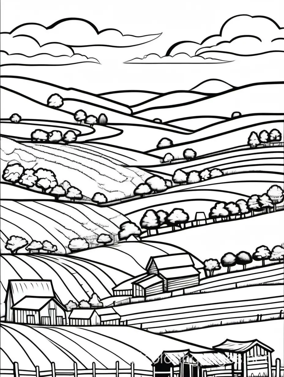A peaceful countryside landscape with rolling hills, colorful barns, and grazing livestock., Coloring Page, black and white, line art, white background, Simplicity, Ample White Space. The background of the coloring page is plain white to make it easy for young children to color within the lines. The outlines of all the subjects are easy to distinguish, making it simple for kids to color without too much difficulty