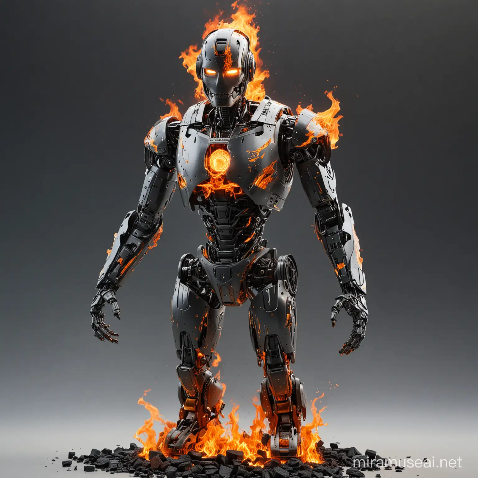 Fiery IRobot A Futuristic Android Engulfed in Flames