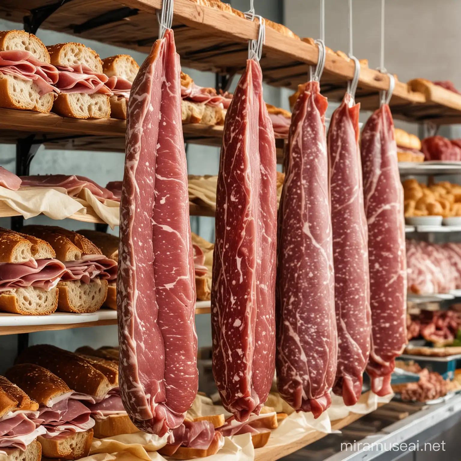Artisanal Salami and Ham Display in a Charming Sandwich Shop
