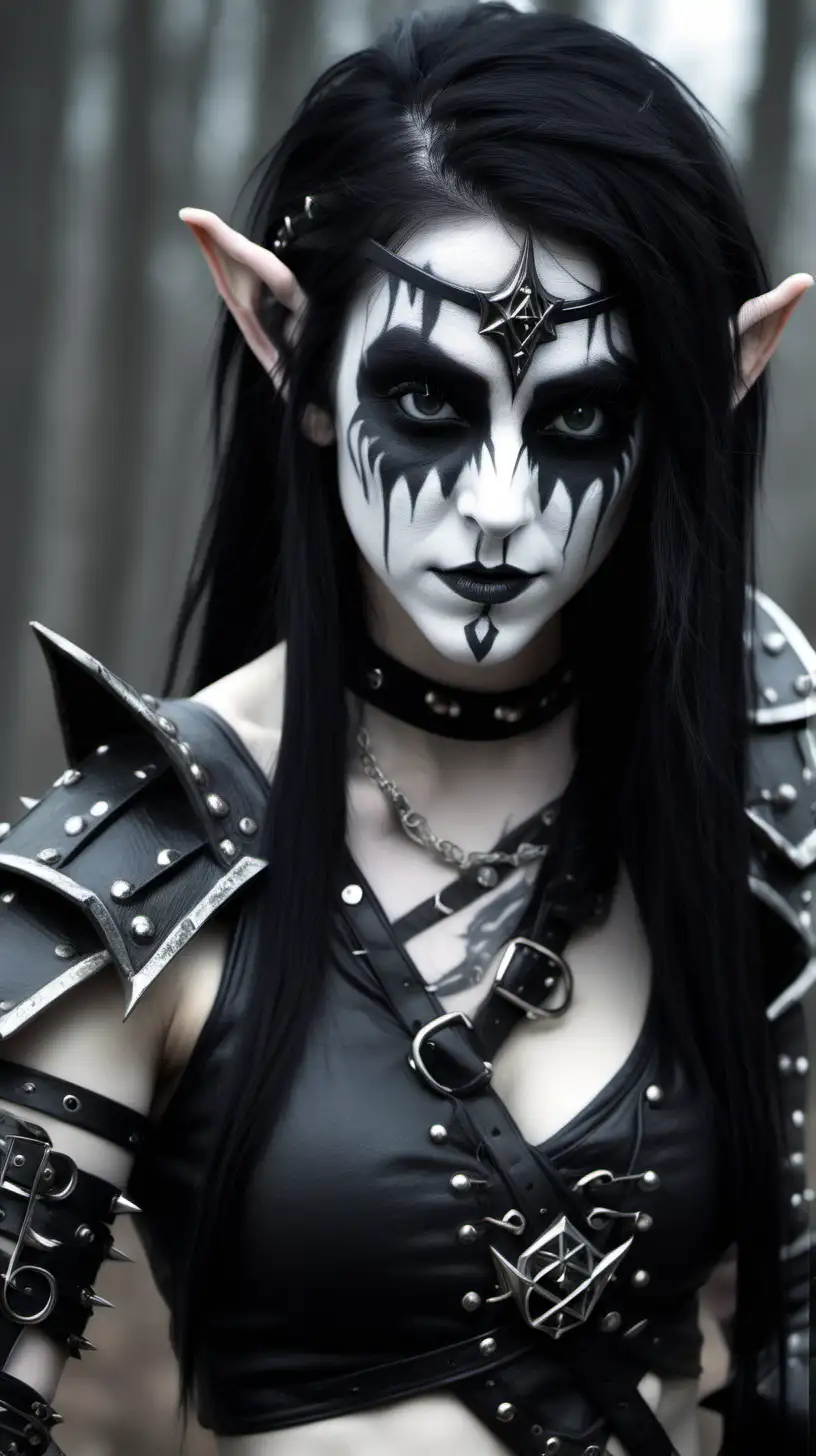 Black metal elf bard female. With and without Corpse paint on face. Spiked forearm bands. Black hair, straight, long. Beautiful, sexy. Round face, large eyes. 