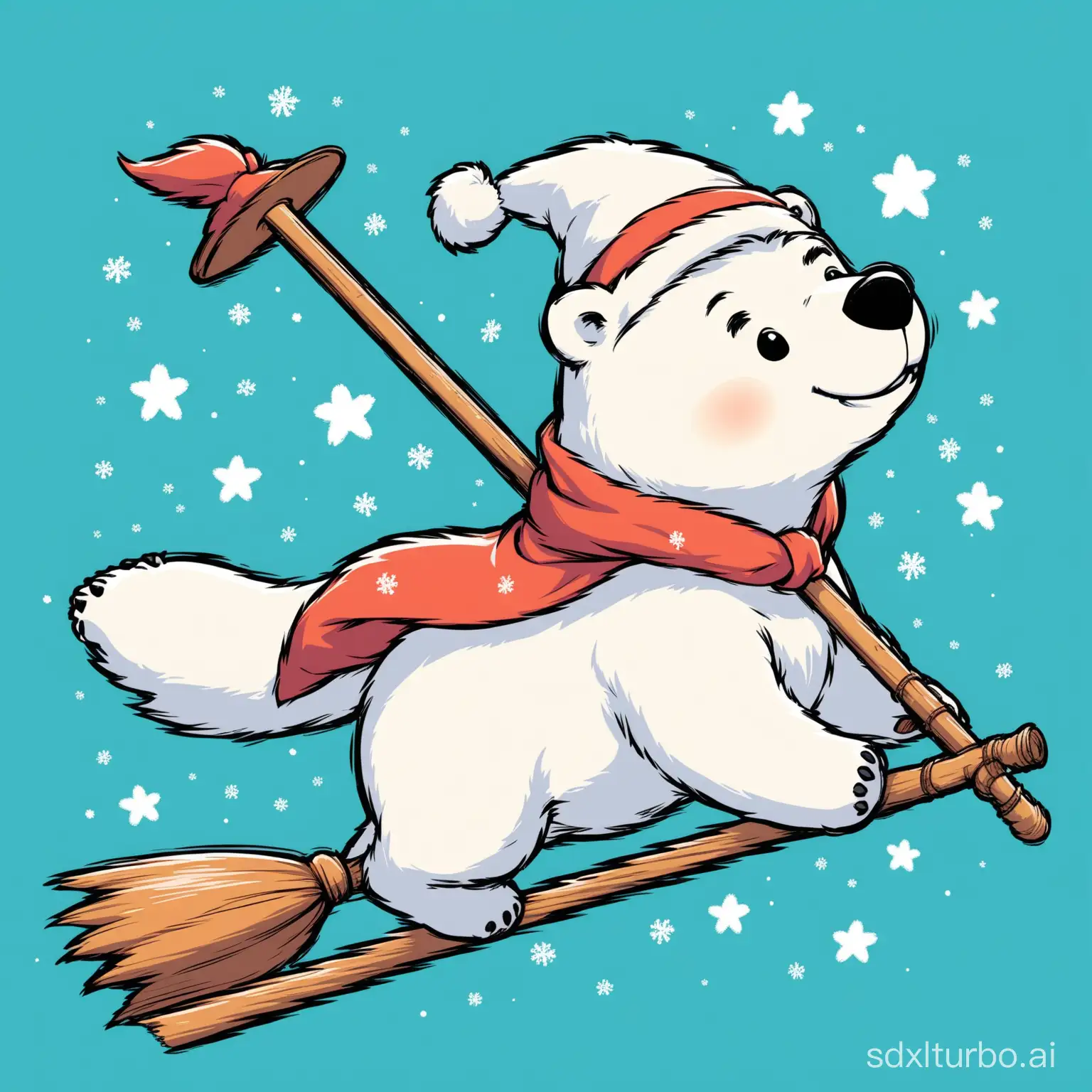 A smiling polar bear riding a broom that can fly