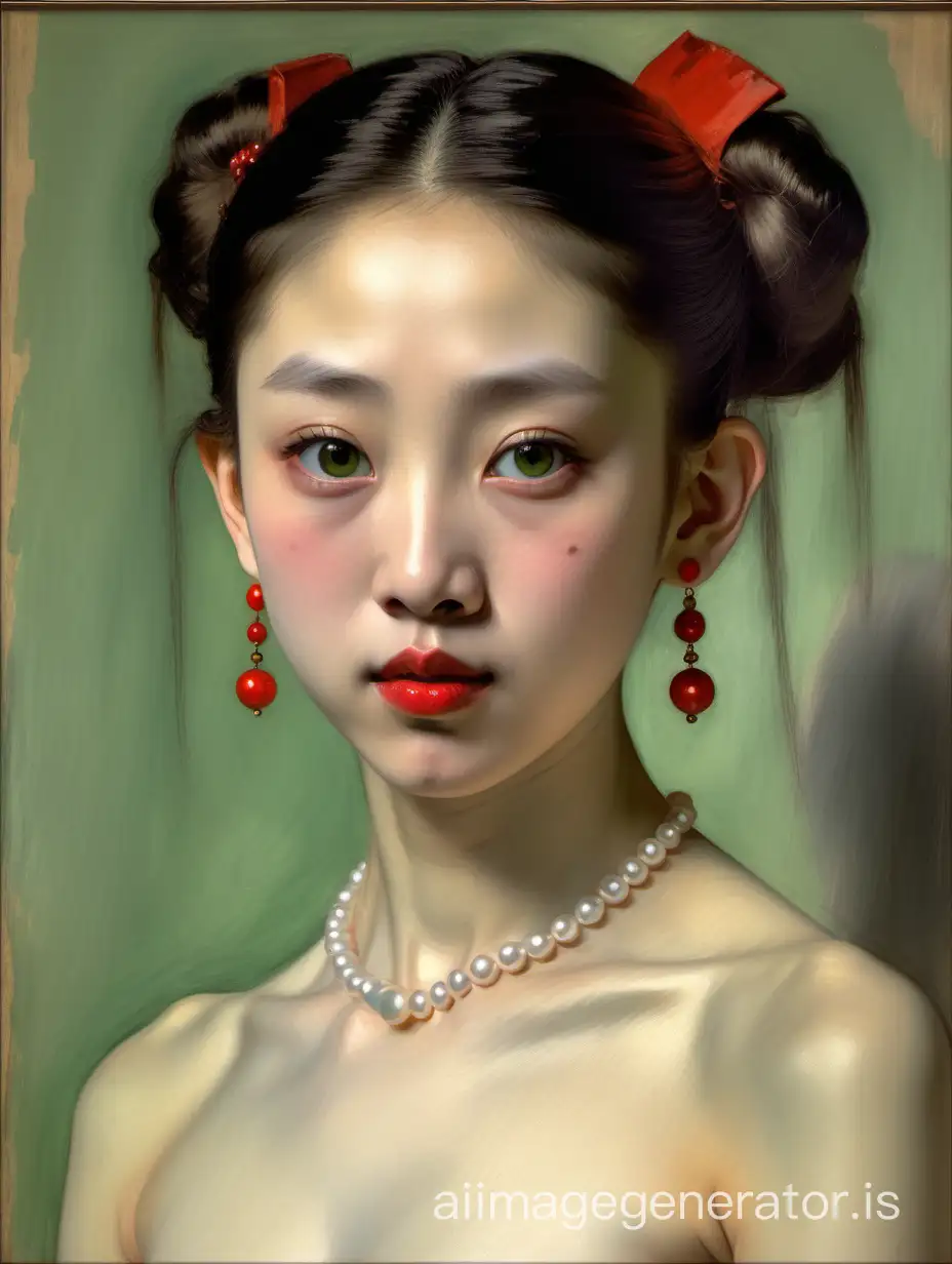 Degas detailed oil painting of a very big-busted, very beautiful skinny nude Chinese princess, green eyes, red lips, pearl earrings, with underarm hair, with extremely thick eyebrows, looking straight, front view, very cute face, digital art