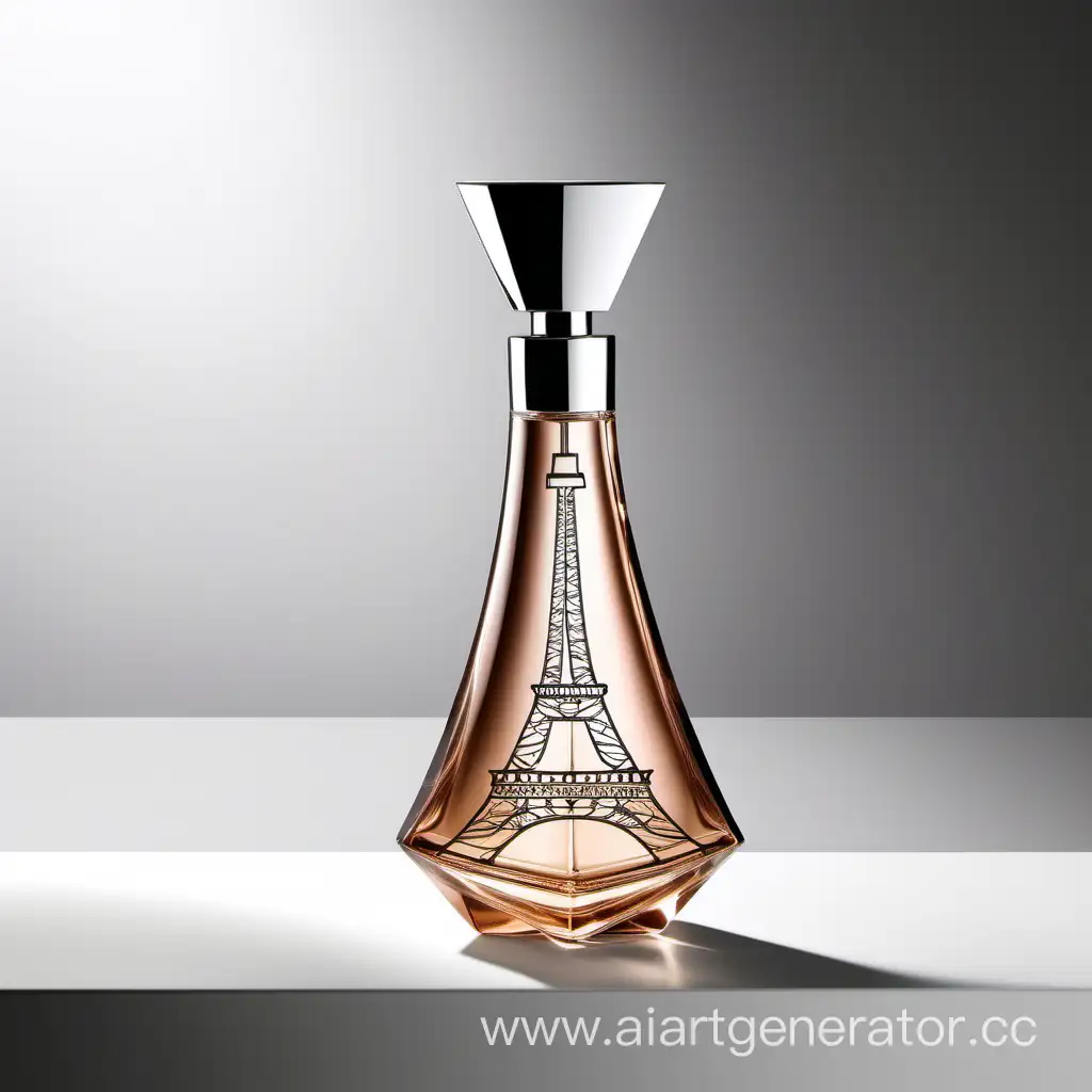 una botella para perfume de lujo, estilizada y moderna y juvenil que  tenga forma de  la torre eiffel debe ser muy minimalista y moderno