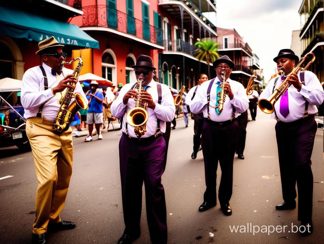 New Orleans jazz band performing in the streets during festivities. Detailed sharp images, colorful.