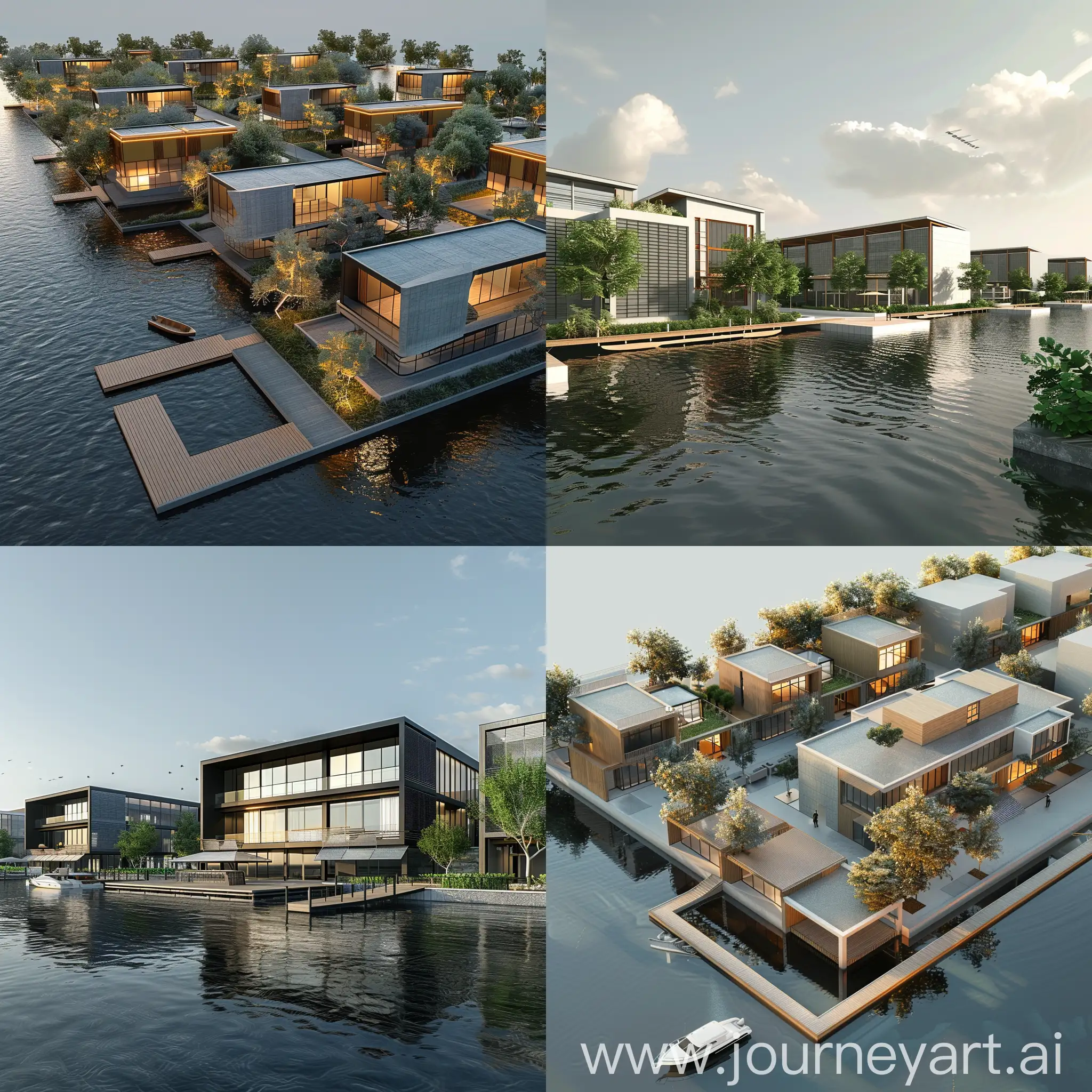 A 2d architecture section for a business park consists of 5 buildings with a Boat Dock