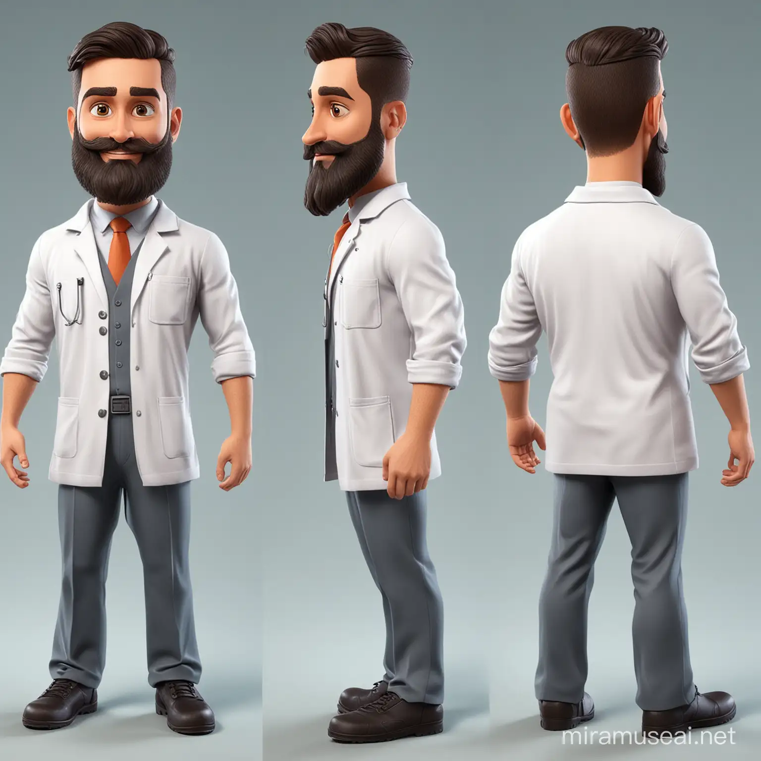 Create a 3D cartoon male working in health industry in UAE, full image from head to toe, the guy should have beard