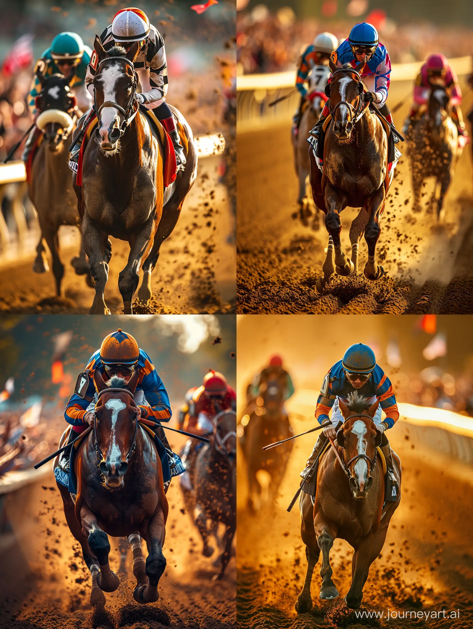 horse race, jockeys, colorful silks, sunlit track, spectators cheering, dust, galloping horses, determined expressions, lead, intense competition, fluttering flags, vibrant atmosphere, wide-angle shot, sunny weather, bright lighting --stylize 500