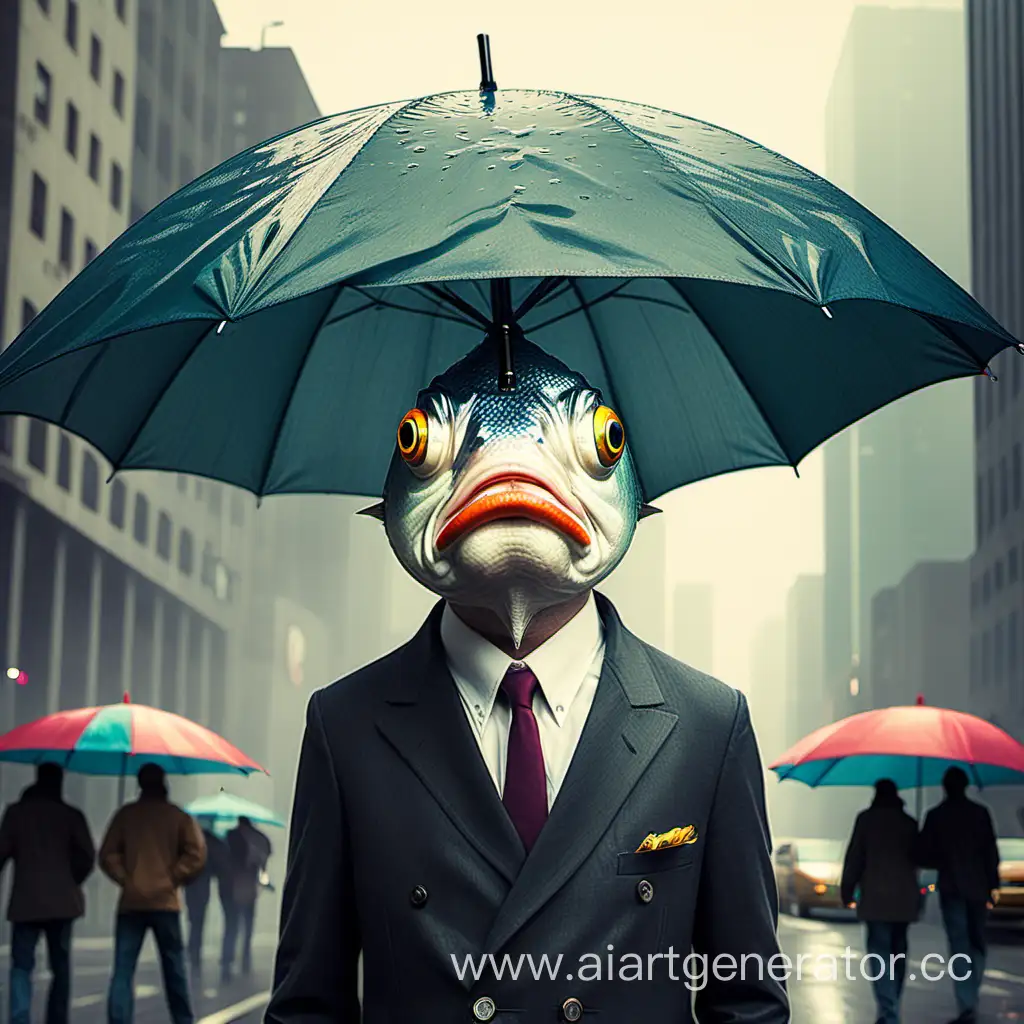 человек с головой рыбы  с усами в мегаполисе под зонтиком
