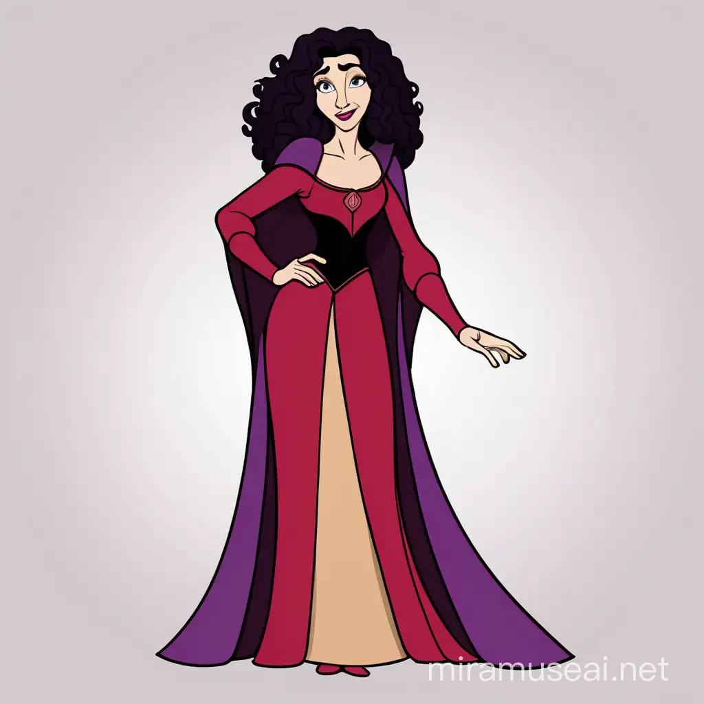 Mother Gothel from disney, full body, minimalist, vector art, colored illustration with a black outline.
