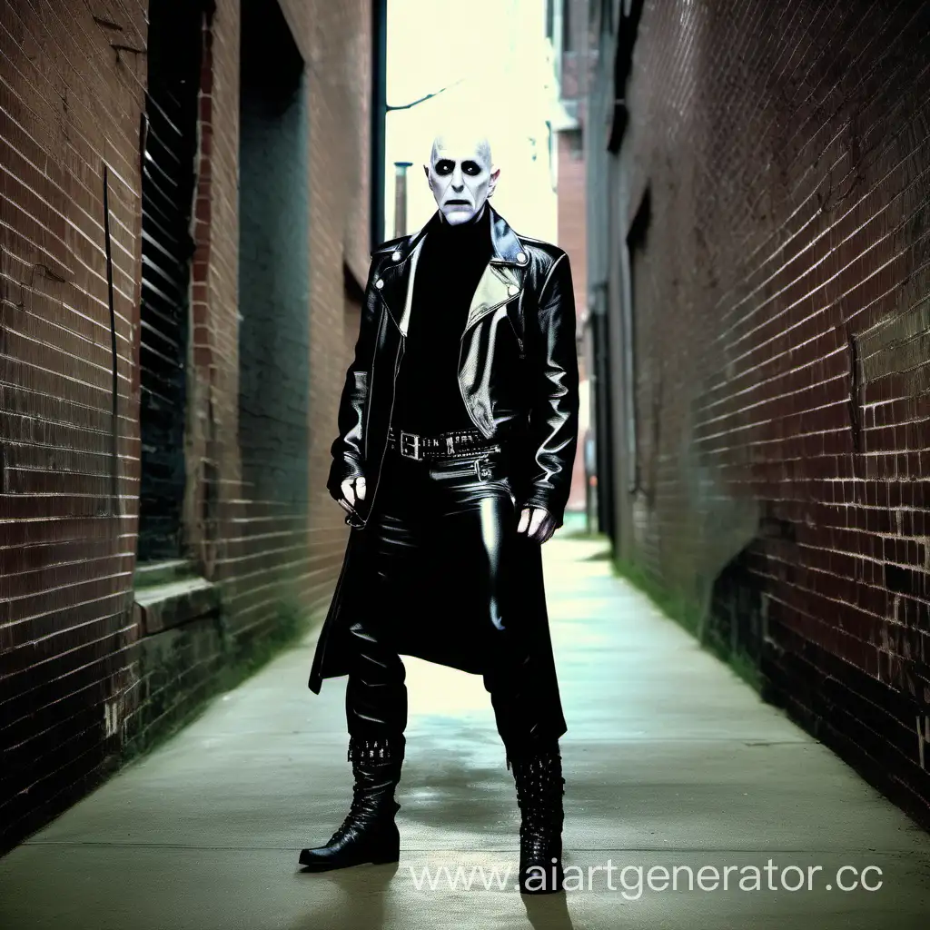adult male, pale skin, rob halford face, standing in an alley, wearing a leather jacket, thigh high socks, voldemort attack pose