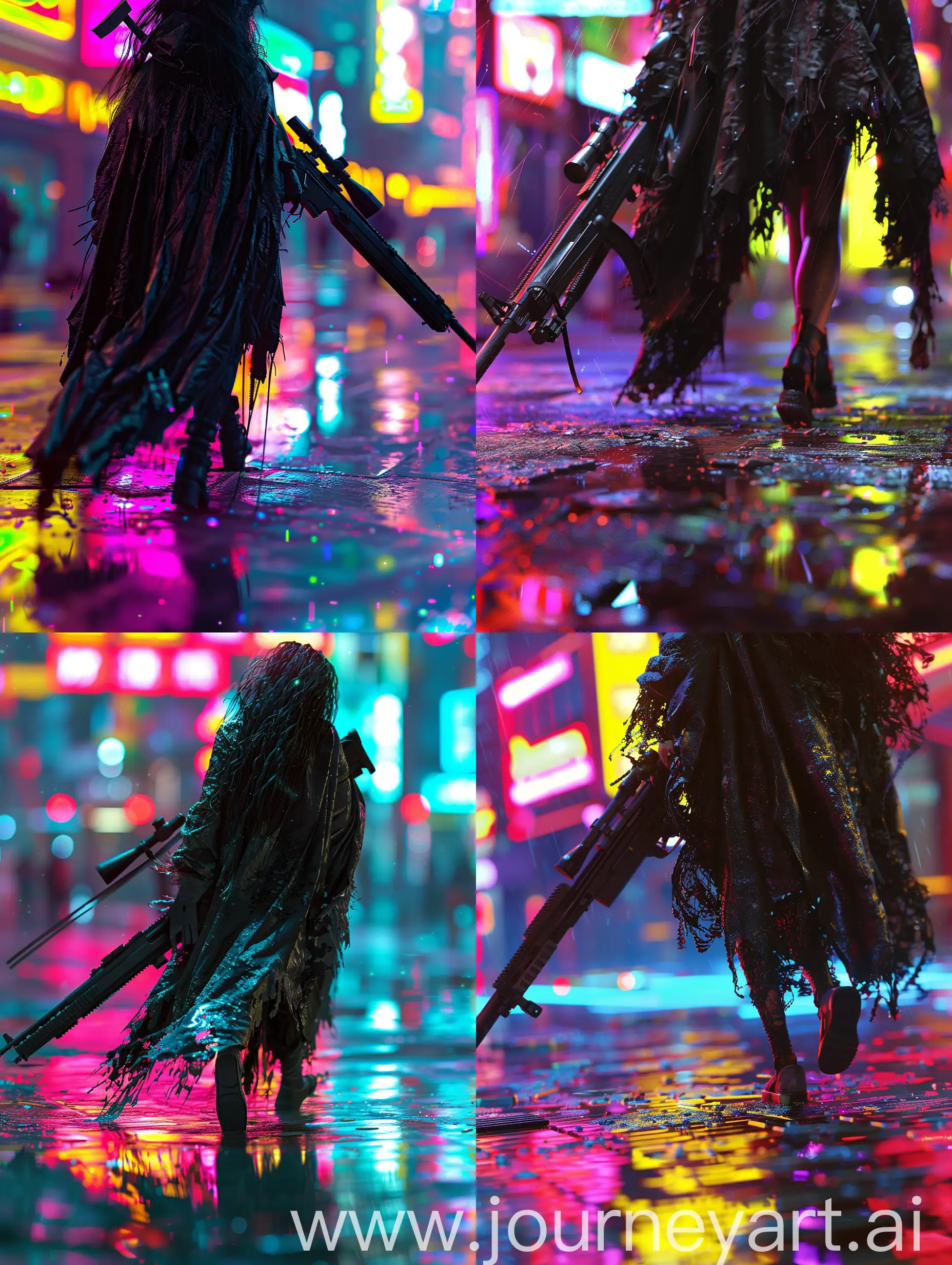 a mid close up dynamic cinematic super high quality image of a cyberpunk female wearing an eery black tattered black cloak carrying a sniper rifle striding through the vibrantly lit up city street, adding to the  ambiance of the vibrant city lights. Cinematic rim lighting highlights every detail of the scene, from the gleaming rifle to the neon-lit reflections on the gritty floor. Each element is rendered in stunning high definition, capturing the essence of the cyberpunk world with unparalleled realism.