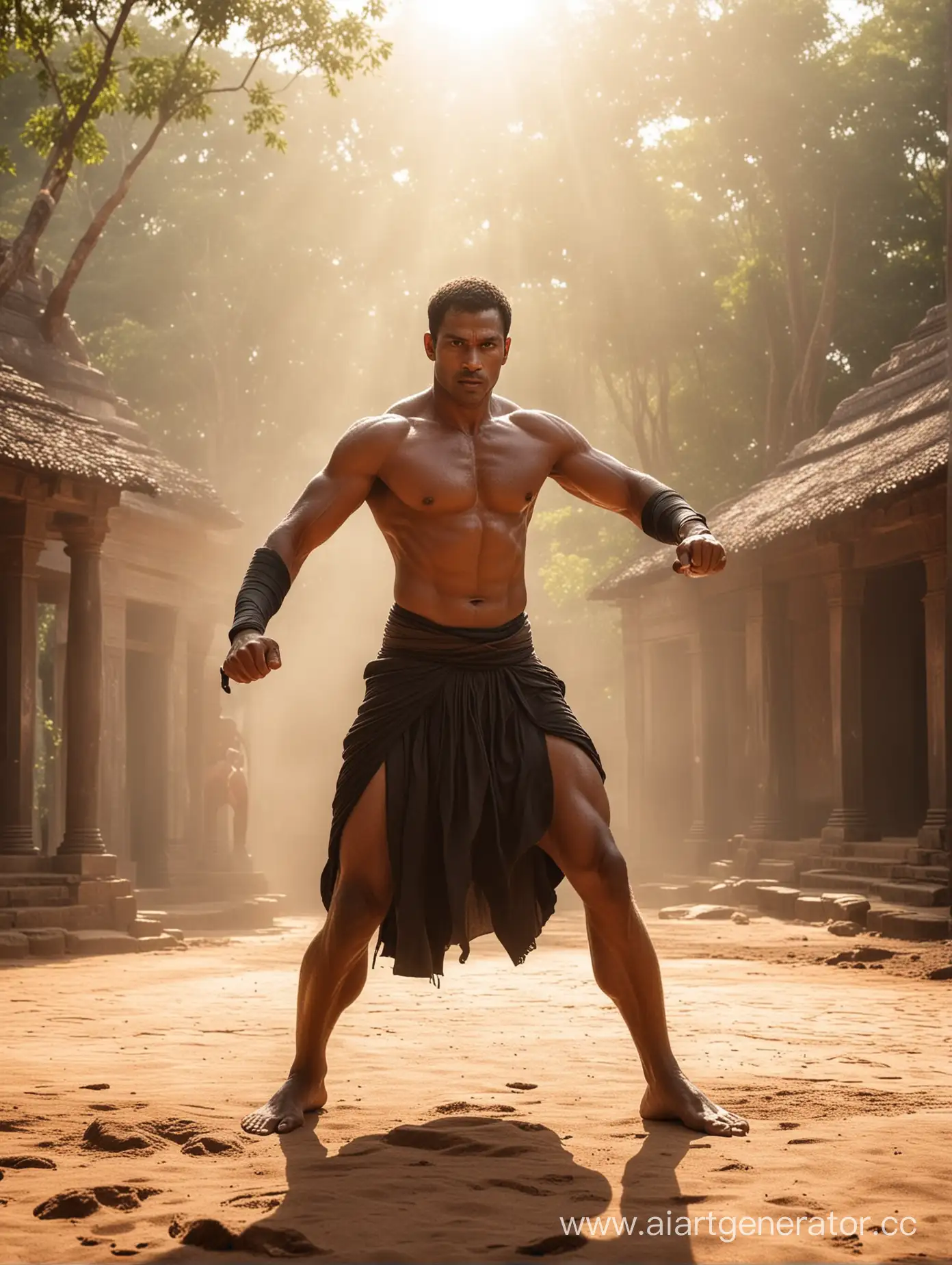 A powerful, muscular man performing a dynamic move, demonstrating his mastery of the deadly Kalaripayattu martial art. His body is covered in sweat, and he wears a traditional warrior's outfit. In the background, there's an ancient temple, and the sun casts a warm glow over the scene. The atmosphere is intense, with a sense of respect for the centuries-old martial art form.