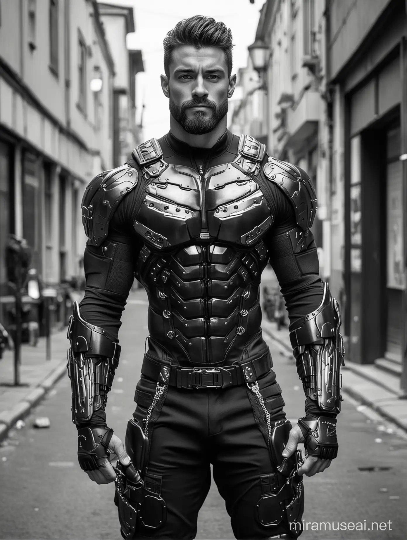 Tall and handsome bodybuilder men with beautiful hairstyle and beard with attractive eyes and Big wide shoulder and chest in modern High tech black and white armour suit with firearms on hands walking on street 