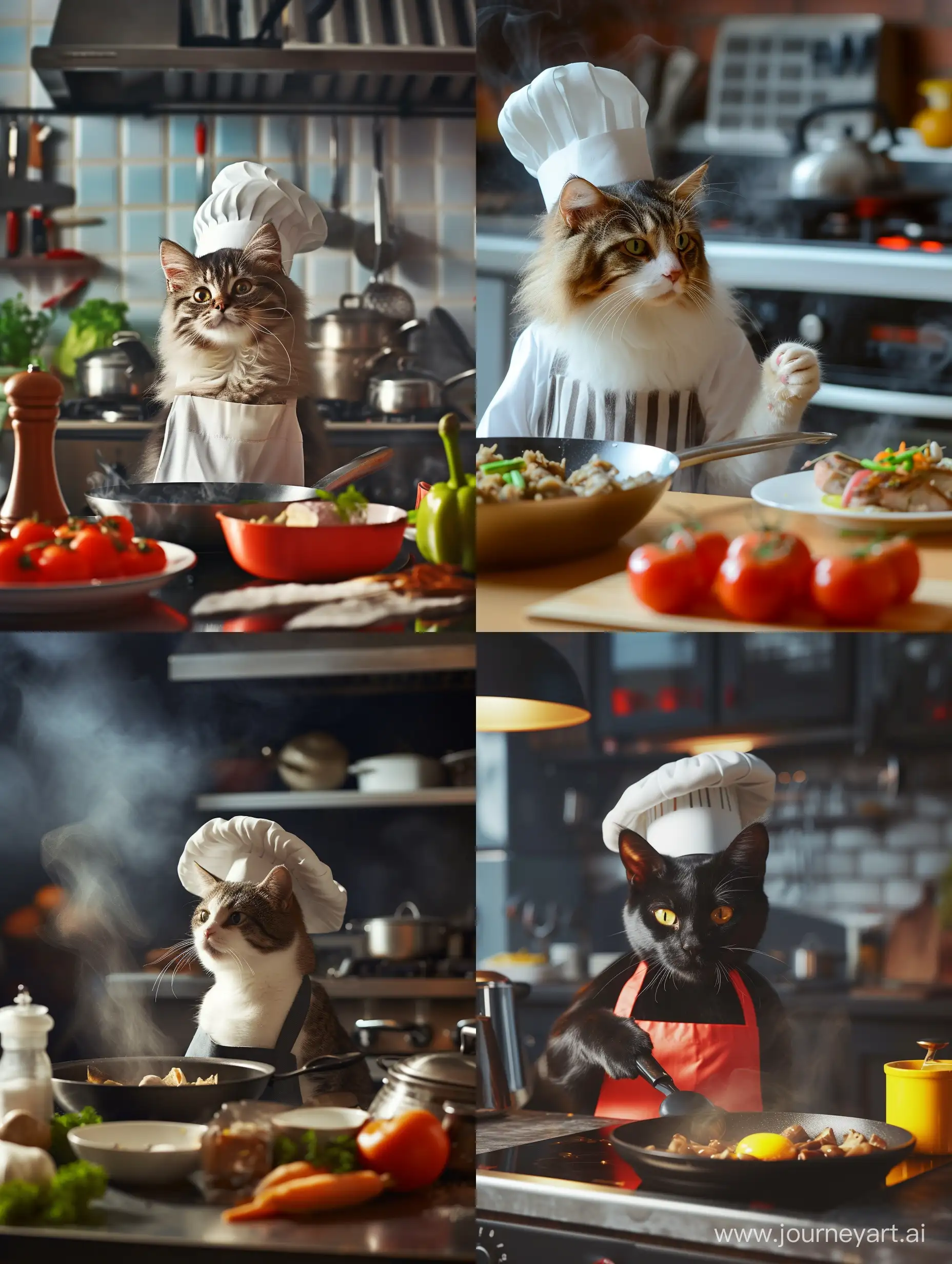cat, gourmet cooking, well-equipped kitchen, culinary artist, chef's hat, apron, culinary masterclass, sizzling pans, mouthwatering dishes, artistic plating, exquisite ingredients, culinary creativity, precise knife skills, culinary magic, gastronomic delight, savory aromas, epicurean adventure, culinary craftsmanship, culinary excellence, culinary passion, 4k resolution --ar 3:4