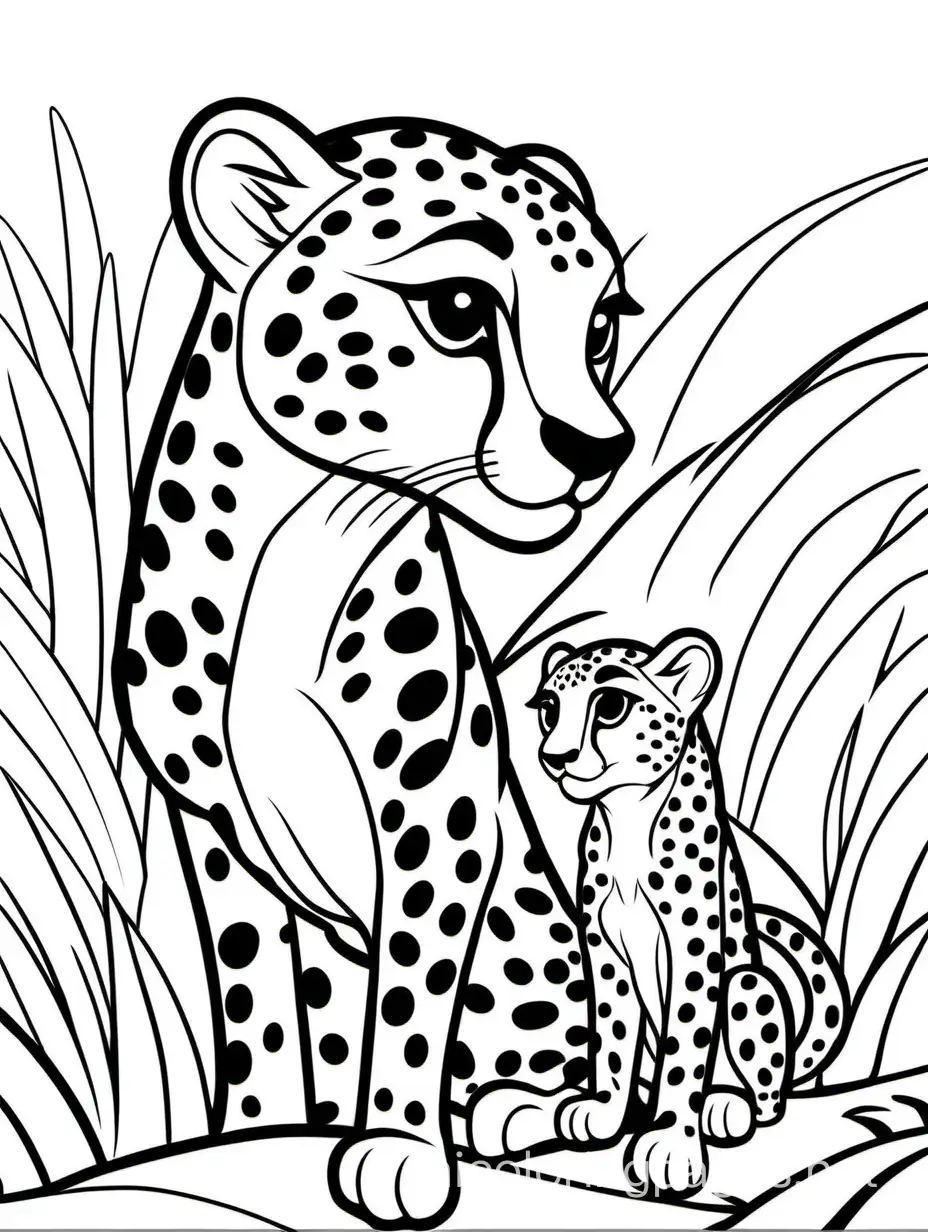 cute Cheetah  with his  baby  for kids, Coloring Page, black and white, line art, white background, Simplicity, Ample White Space. The background of the coloring page is plain white to make it easy for young children to color within the lines. The outlines of all the subjects are easy to distinguish, making it simple for kids to color without too much difficulty