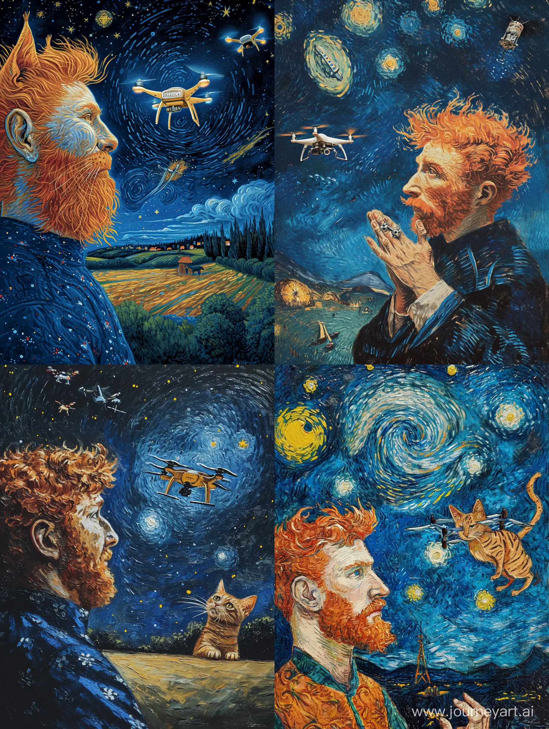 Starry-Night-Cat-RedHaired-Feline-in-Van-Gogh-Style-with-Drone