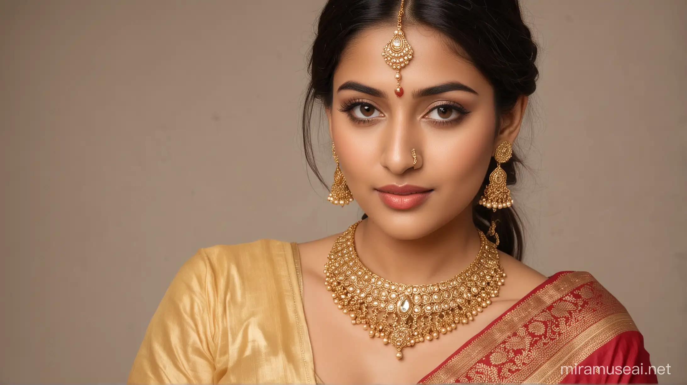 single indian women wearing gold jewellery, necklace, nose ring, bangles in saree
