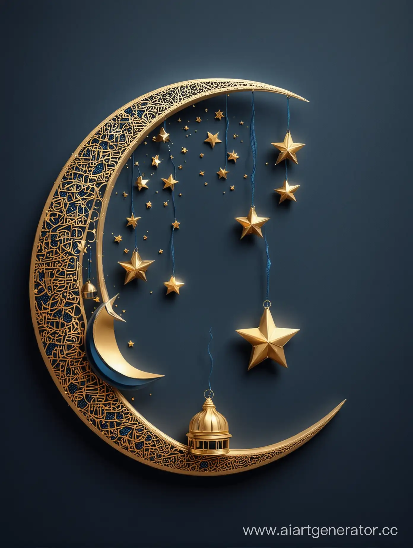 Islamic Ramadan  moon, star and lantern modern concept golden and BLUE ON DARK BLUE background