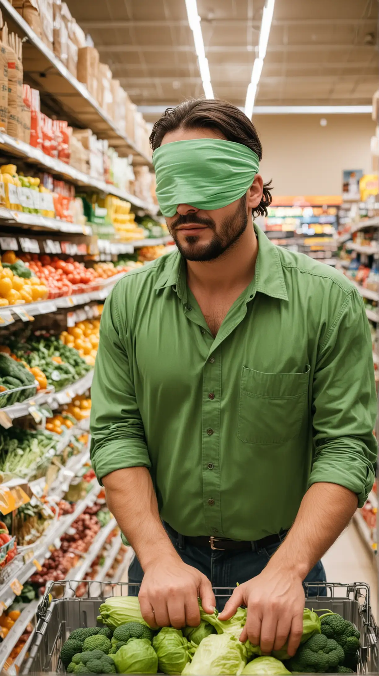 Man in Green Shirt Shopping Blindfolded in Produce Section