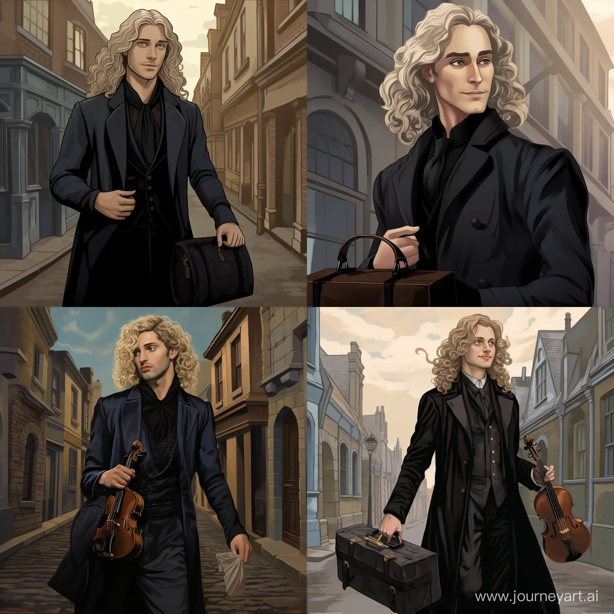 an effeminate man with long curly blonde hair, blue eyes, and pale sking, wearing a black and grey dress similar to Mary Poppins, carrying a large black gladstone bag with golden hinges with both hands, walking down a cobbled street.