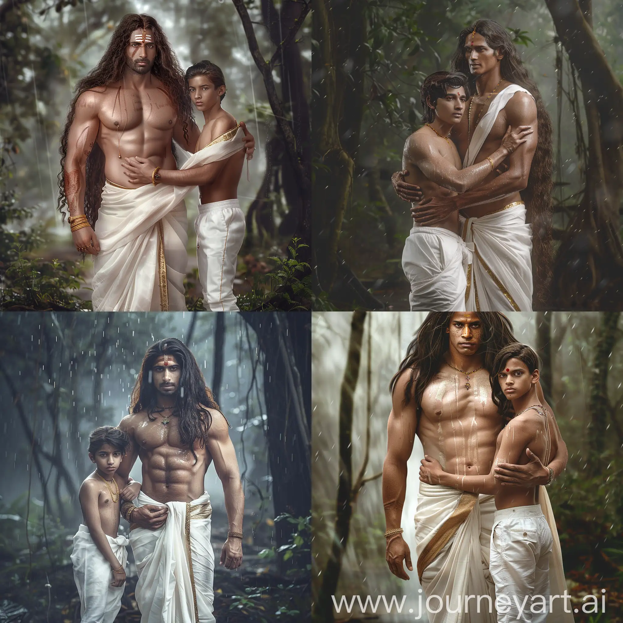 Ancient South Indian masculine man, very handsome, very long hair, wearing off white dhothi with golden boarder, bare masculine upper body, he is holding a younger man protectively who is very younger to him wearing white pants and shirt, the photo shoul look realistic, they are in forest, it is raining and storming, the younger man look nearly 25 years old, with short hair, short mustache and small beared, 
