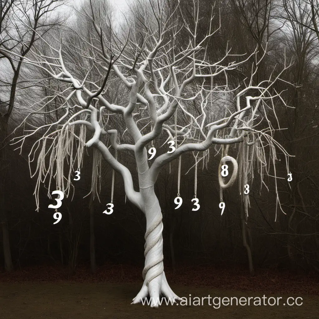 белое дерево , с его ветки в правую сторону вниз свисает веревка с цифрами 39