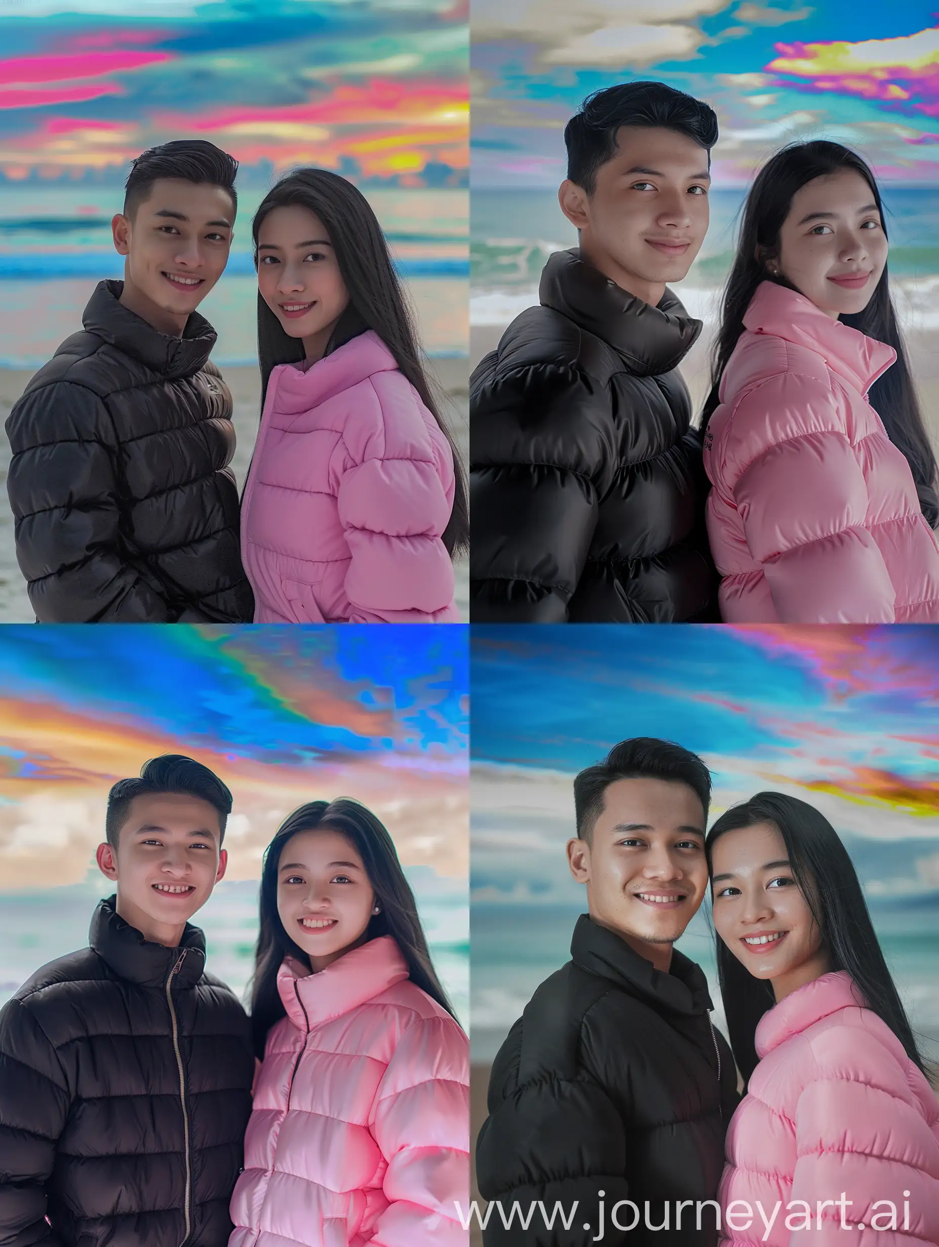 (8K, RAW Photo, Photography, Photorealistic, Realistic, Highest Quality, Intricate Detail), Medium photo of 25 year old Indonesian man, fit, ideal body, oval face, white skin, natural skin, cool short black hair, wearing a bubble jacket black, side by side with a 25 year old Indonesian woman with long black hair, pink bubble jacket, they are smiling facing the camera, their eyes are looking at the camera, the corners of their eyes are parallel to the view on the beach near the beach sand there is a blue sea with beautiful colored clouds in the half body photo