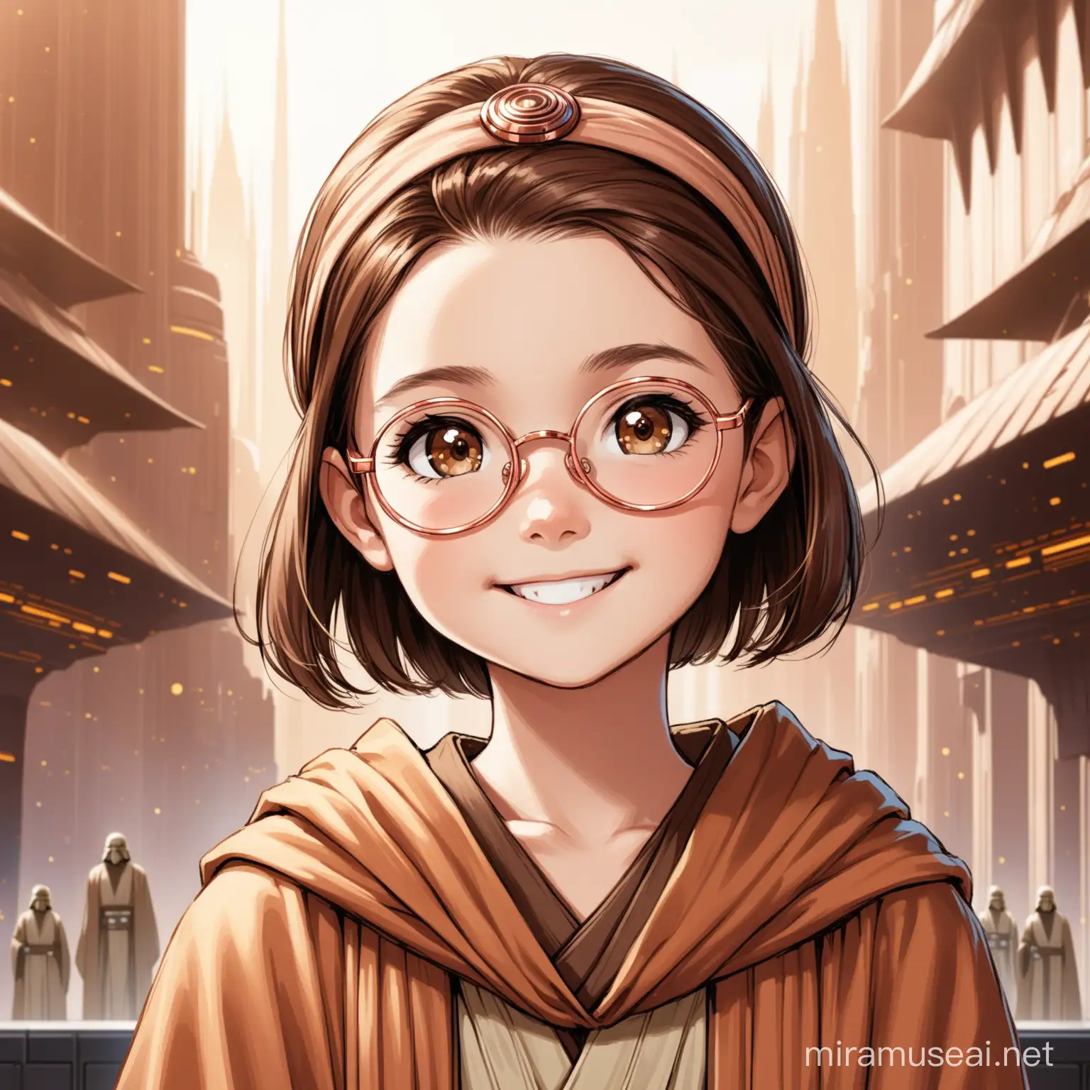12 year old girl, short brown hair, brown eyes, rose gold glasses, smiling, headband, jedi robes, on coruscant