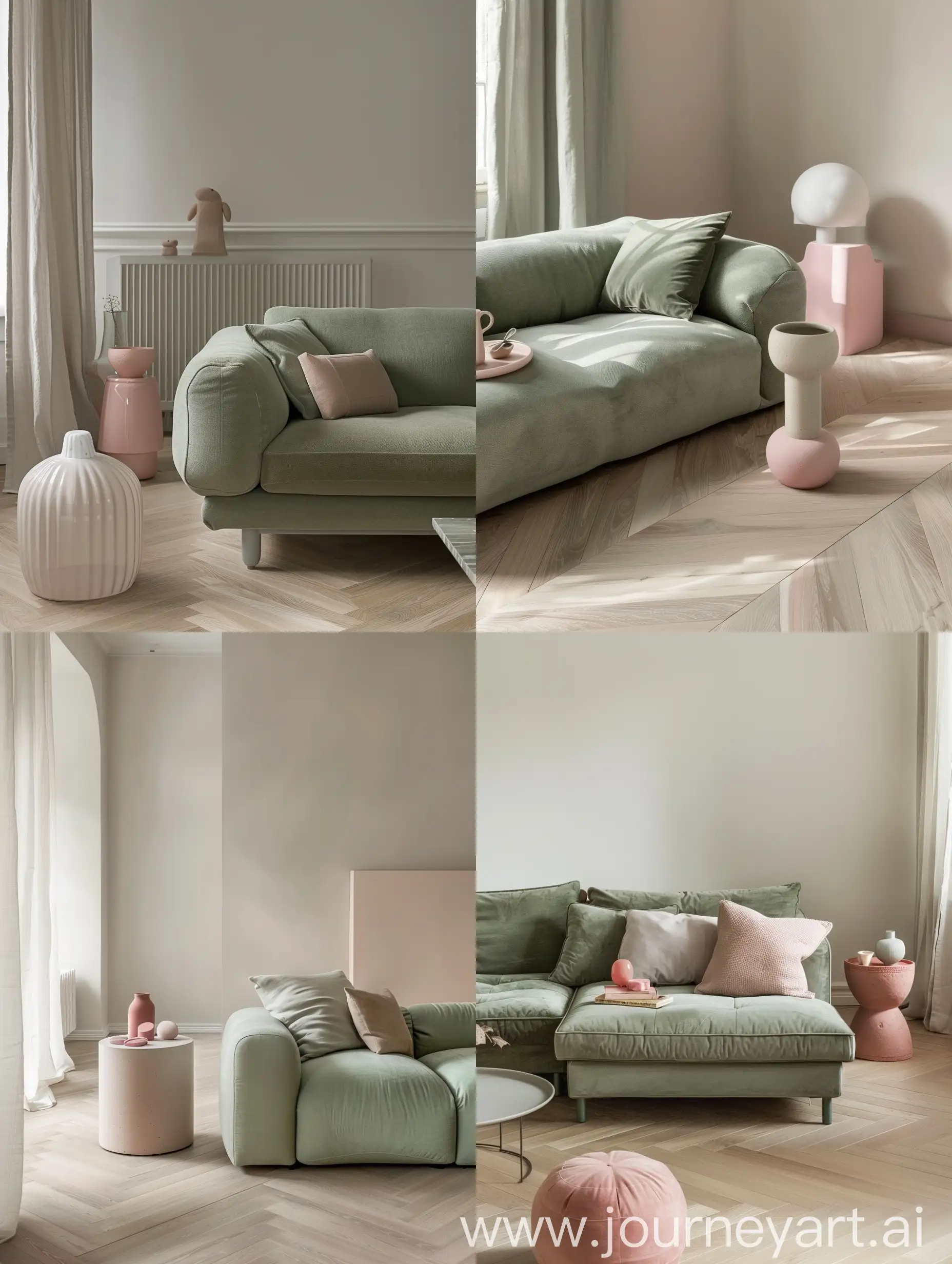 dettaglio di un soggiorno con divano verde salvia,  stile minimal  Pavimento parquet a spina ungherese chiaro. accessori rosa mattone