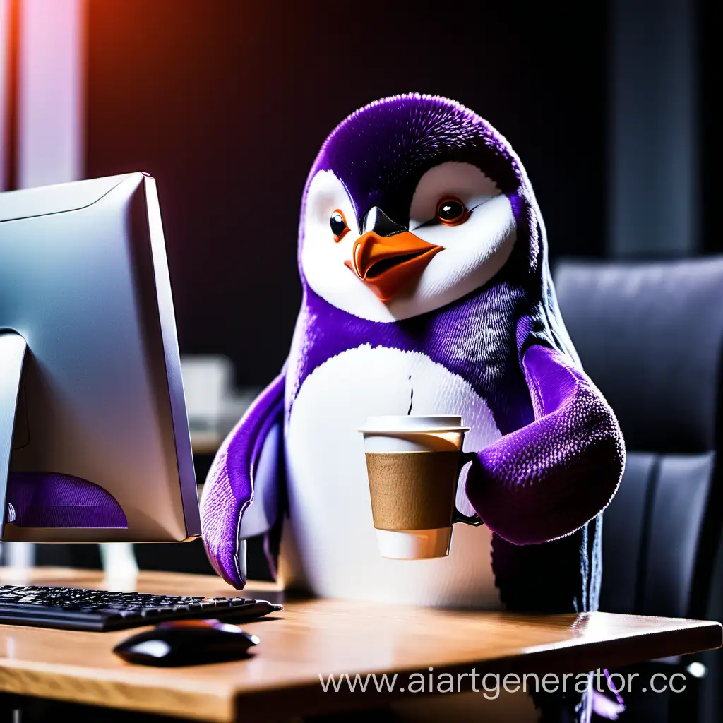 фиолетовый пингвин пьет кофе и работает за компьютером