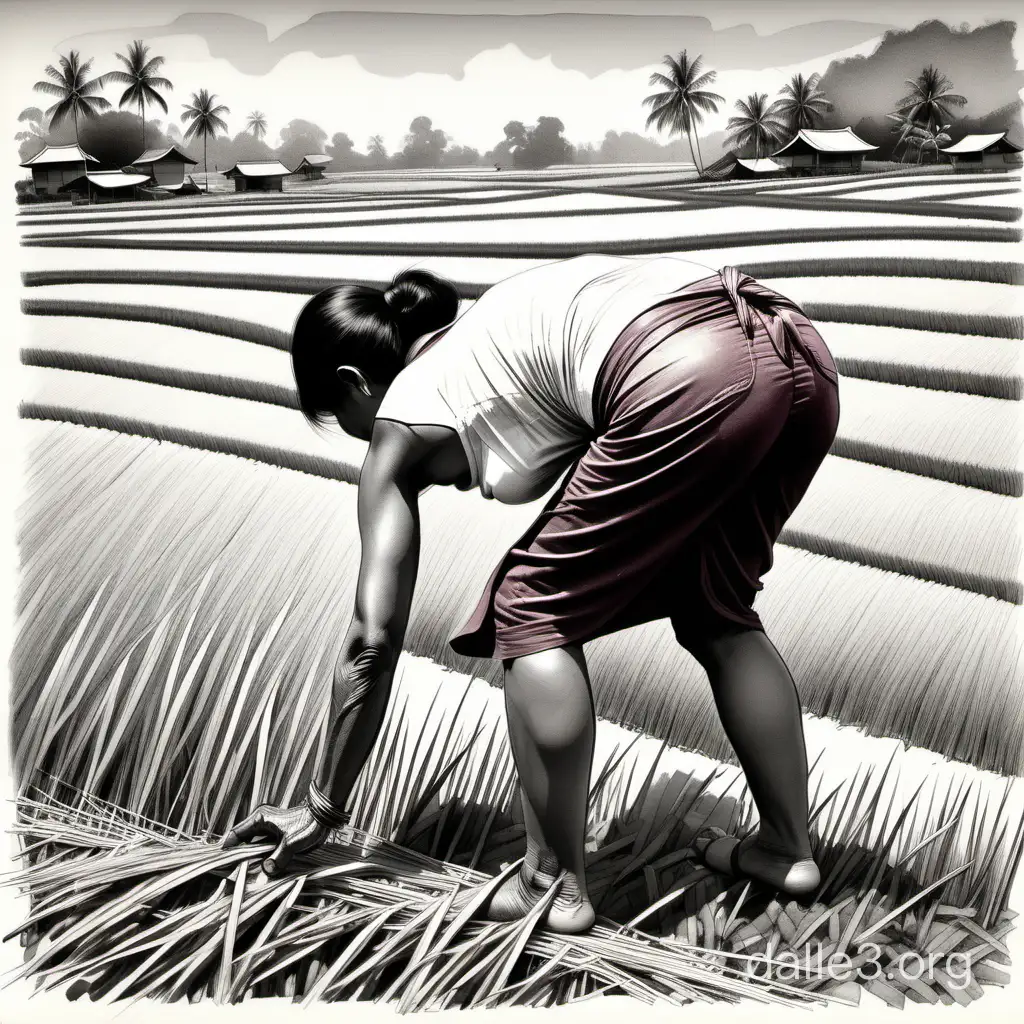 A study for life drawing class; a quick rough loose graphite pencil line sketch a woman bent over 90 degree angle at waist with her back straight working at rice field planting rice paddy. she is 55 y.o. curvaceous toned abs wearing white button up stringer tank-top maroon batik cloth wrapped knotted at hip. She is Indonesian, Indonesian descent, Indonesian Java Island village woman.