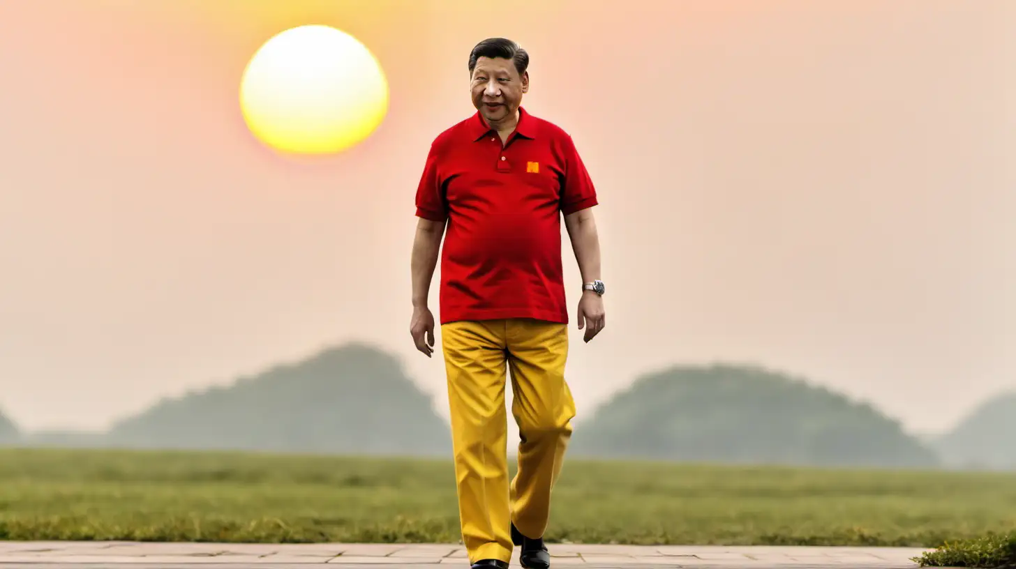 Xi Jingpin wearing a red polo shirt and yellow pants walking into a sunset.