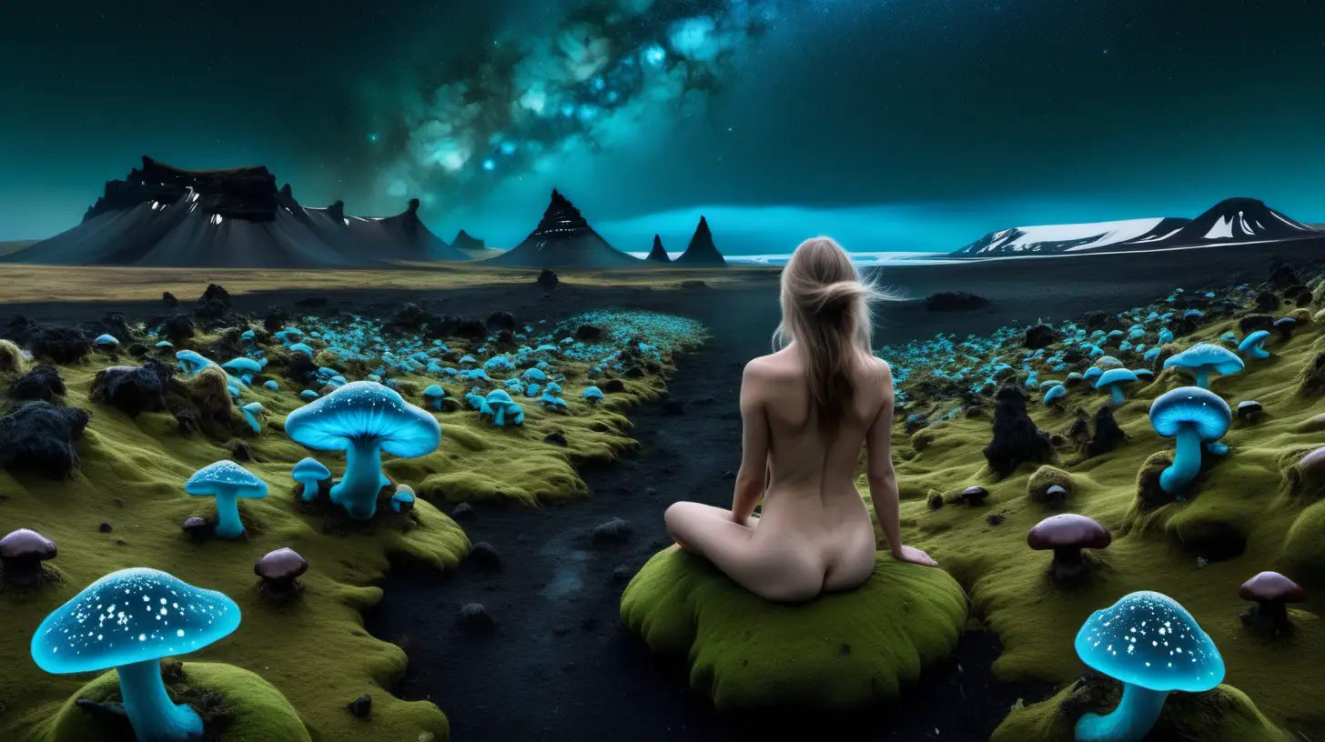 Mystical Icelandic Psychedelic Landscape with Celestial Galaxies and Nude Woman